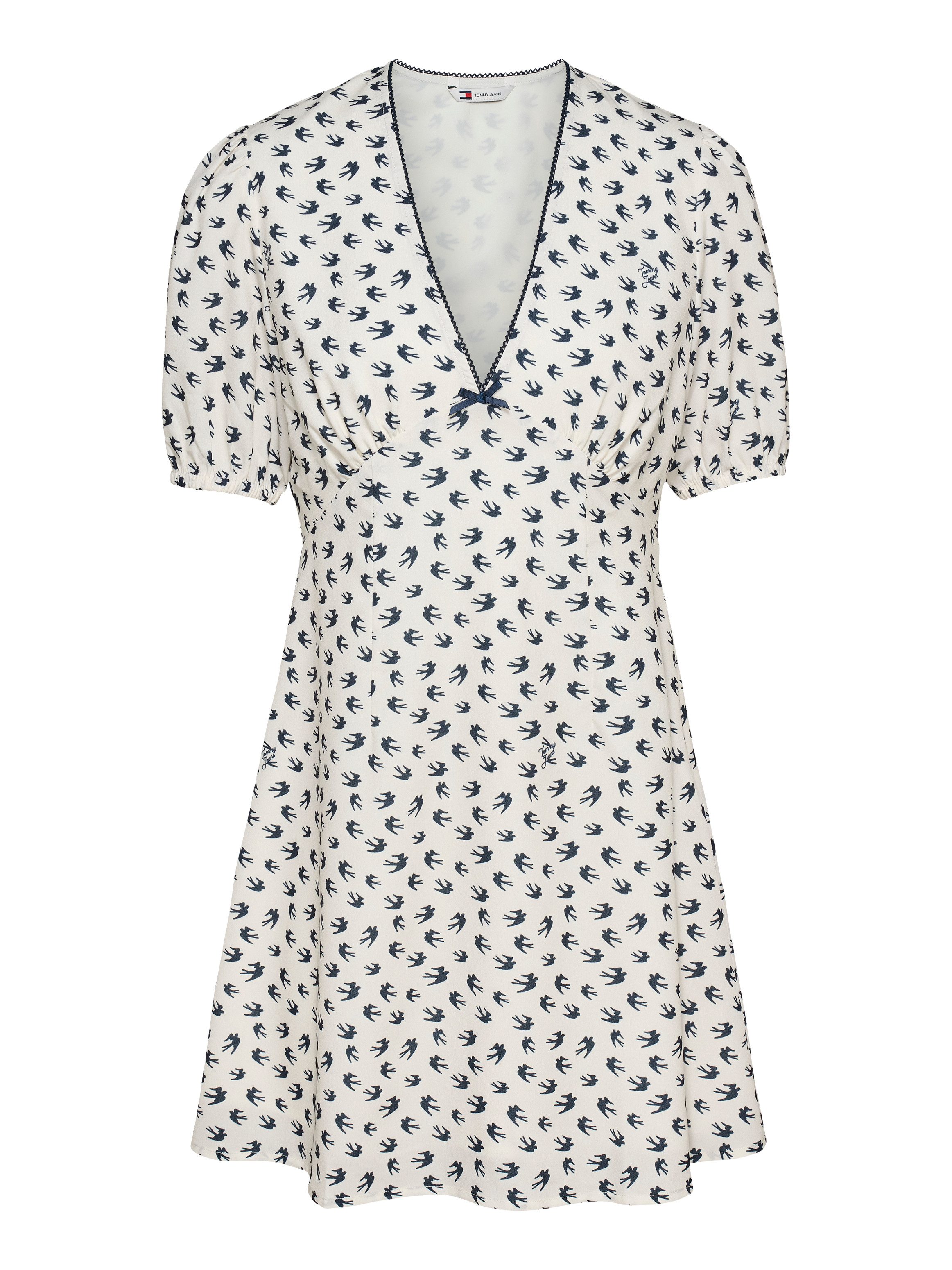 TOMMY JEANS Mini-jurk TJW SS CREPE MINI DRESS met strikdetail, vogelpatroon