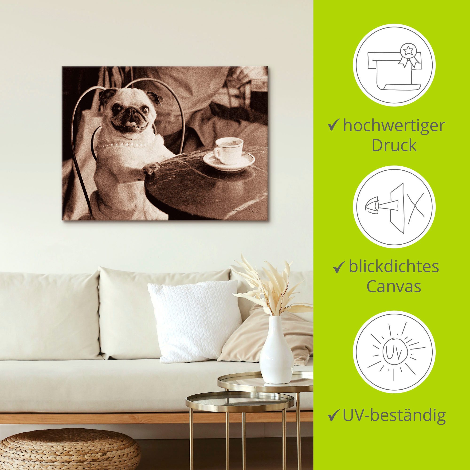 Artland Artprint Koffie mopshond als artprint op linnen, poster, muursticker in verschillende maten