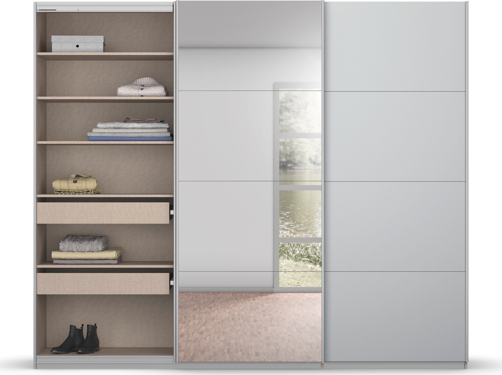 rauch Zweefdeurkast Kledingkast kast garderobe BESTSELLER KOLUNA met spiegel inclusief 2 binnenladen en extra legplanken made in germany