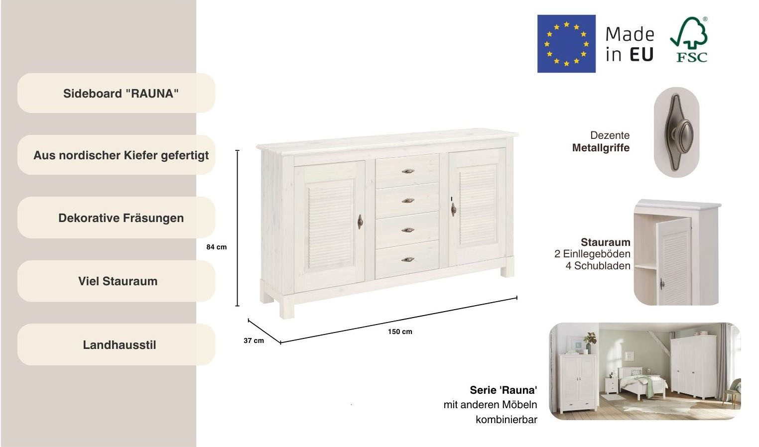 Home affaire Dressoir Rauna Commode, B/D/H: 150/37/84 cm