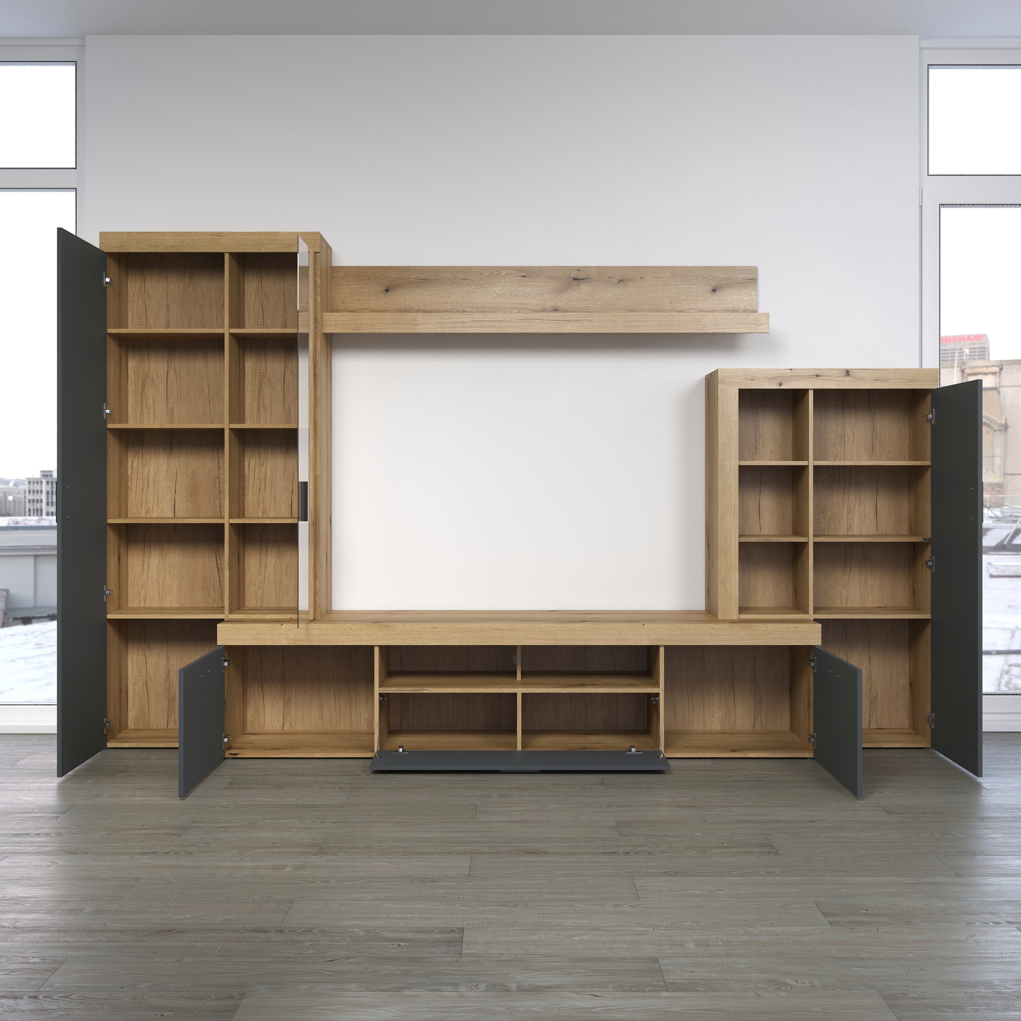 Home affaire Wandmeubel Gent Met applicaties van kopshout - gemonteerd (bxdxh): 331x52x206 cm (complete set, 4-delig)