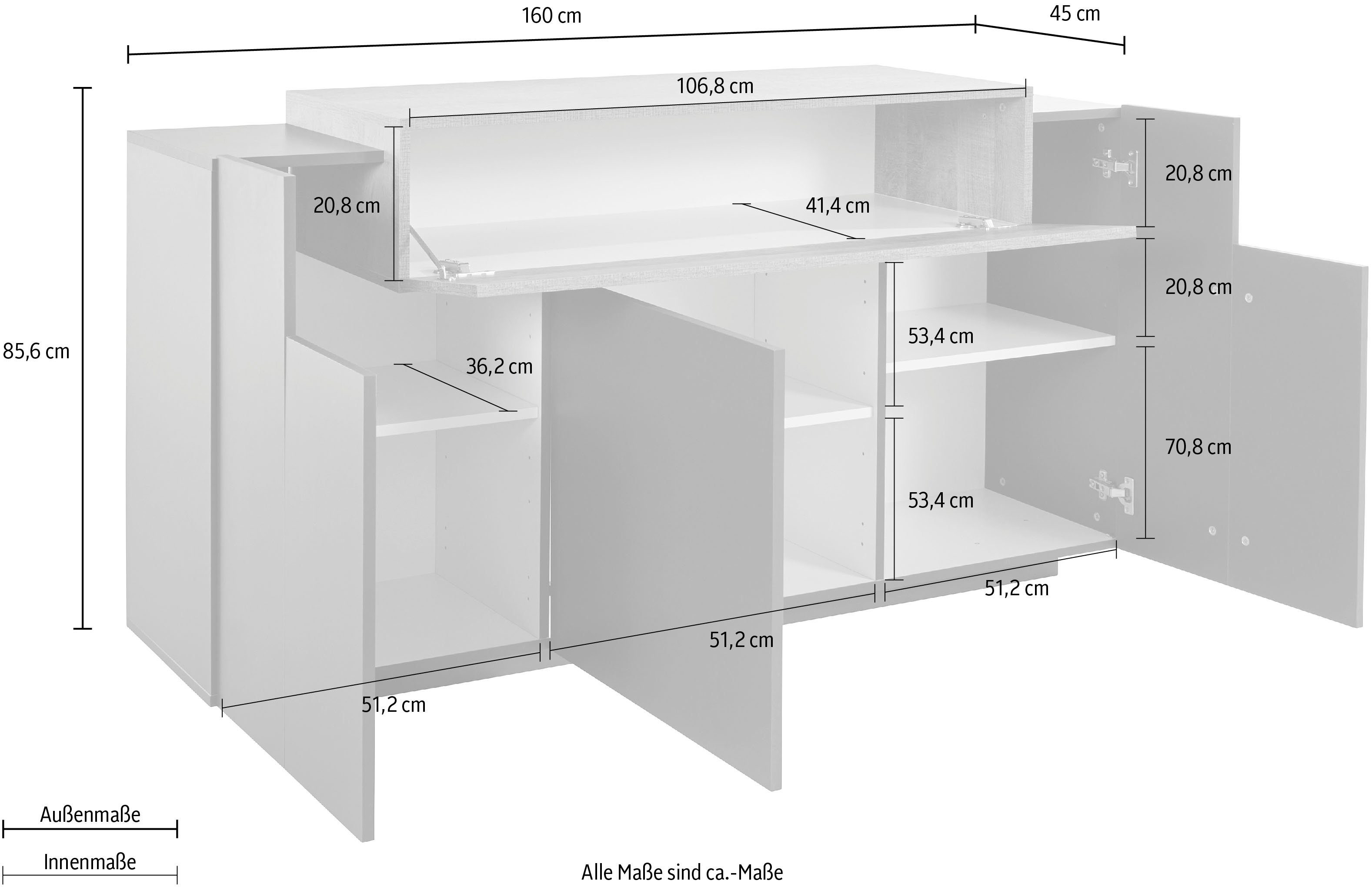 INOSIGN Dressoir Coro, commode, kast, buffet, greeploos met legplanken met 1 klep, 3 deuren, dubbele diepte bxdxh 160x45x85,6 cm