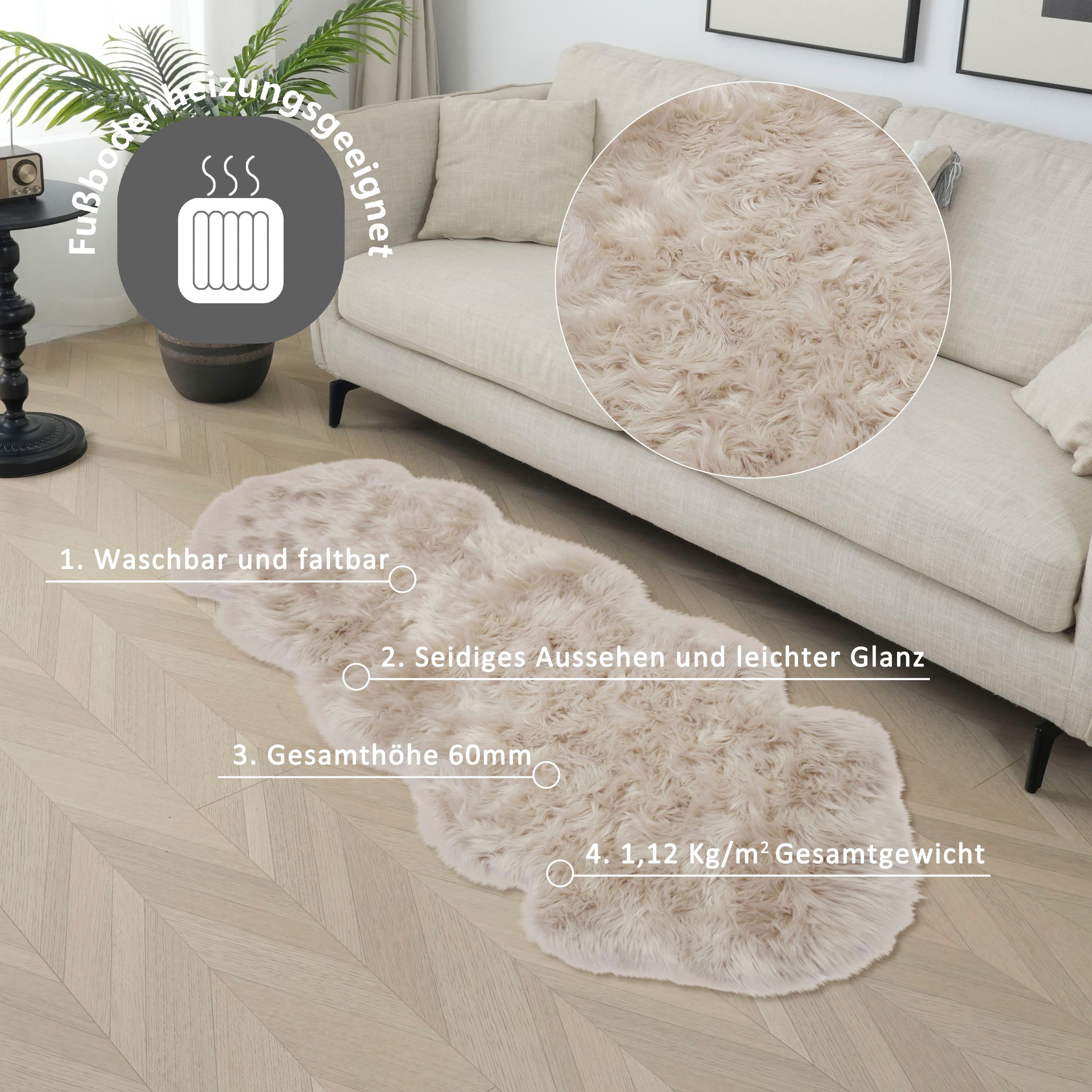 my home Hoogpolig vloerkleed Kalua, verschillende vormen Imitatiebont, zacht, unikleuren, woonkamer, slaapkamer, eetkamer