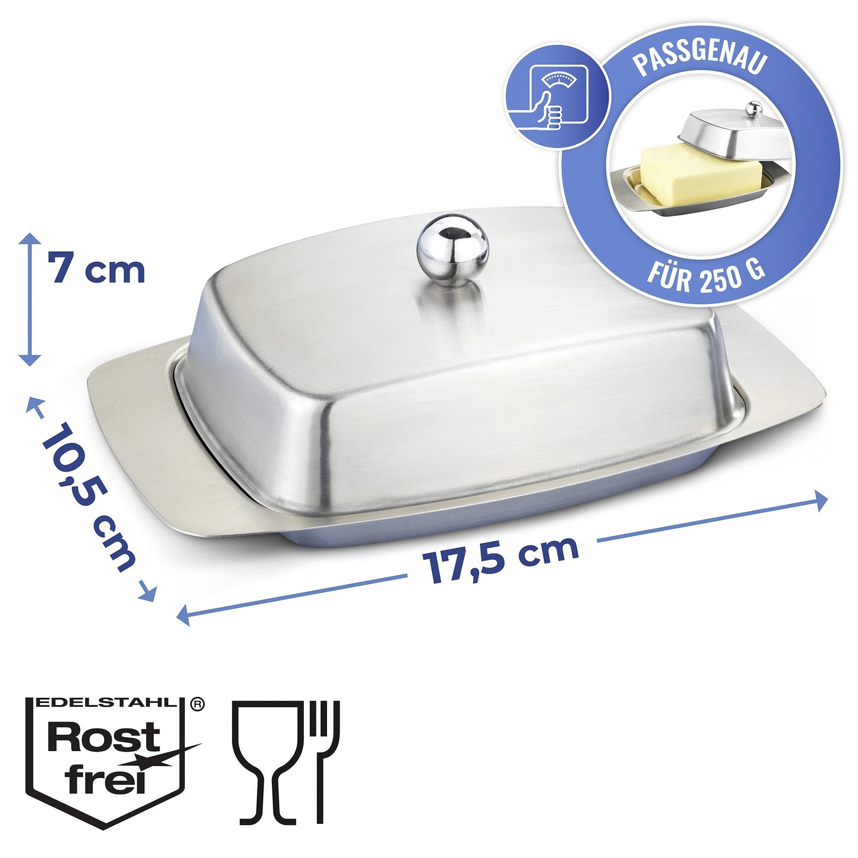 Maximex Botervloot Roestvrij staal Boterdoos voor 250 g boter om te serveren, vaatwasmachinebestendig (1-delig)