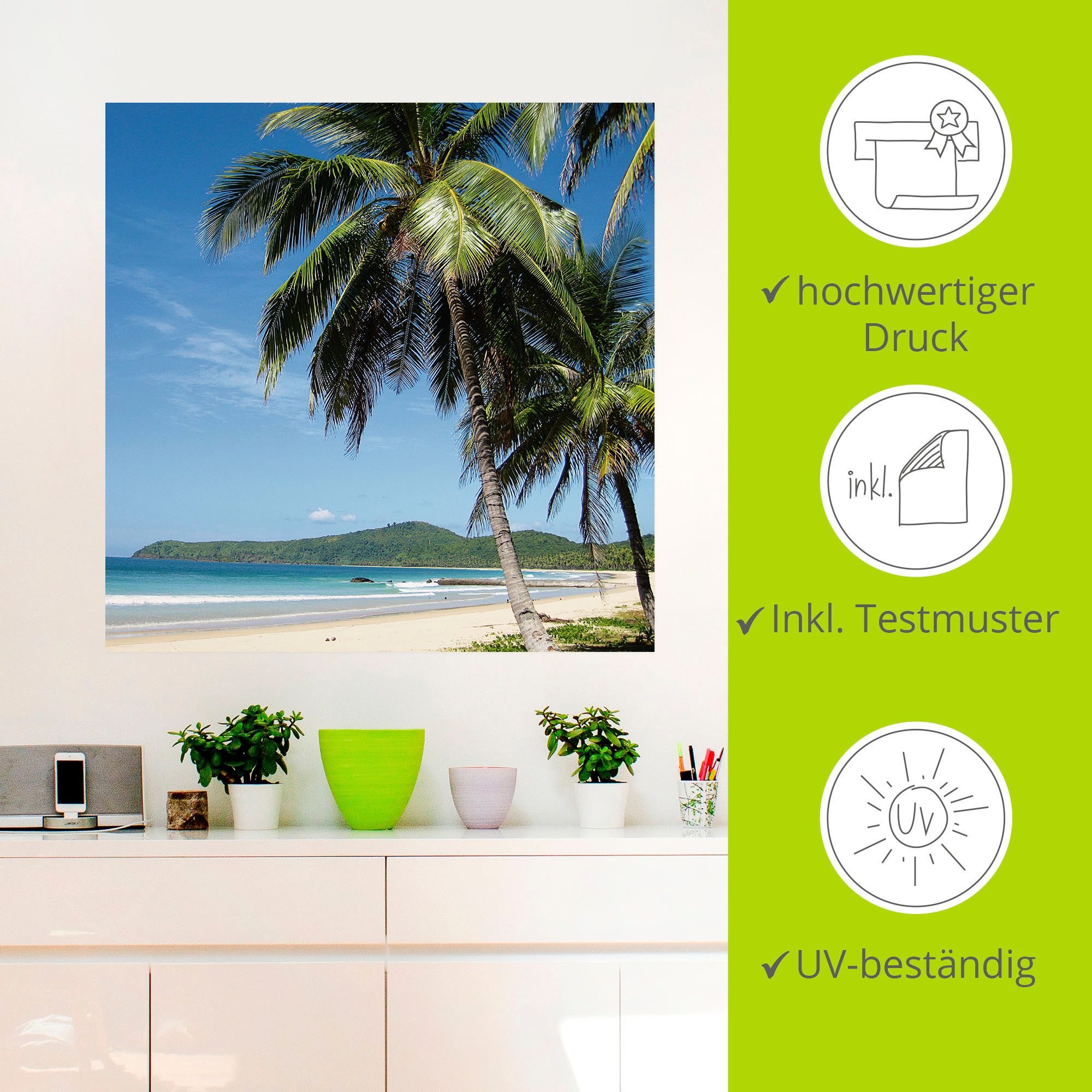Artland Artprint Strand met palmen als artprint van aluminium, artprint voor buiten, artprint op linnen, poster, muursticker
