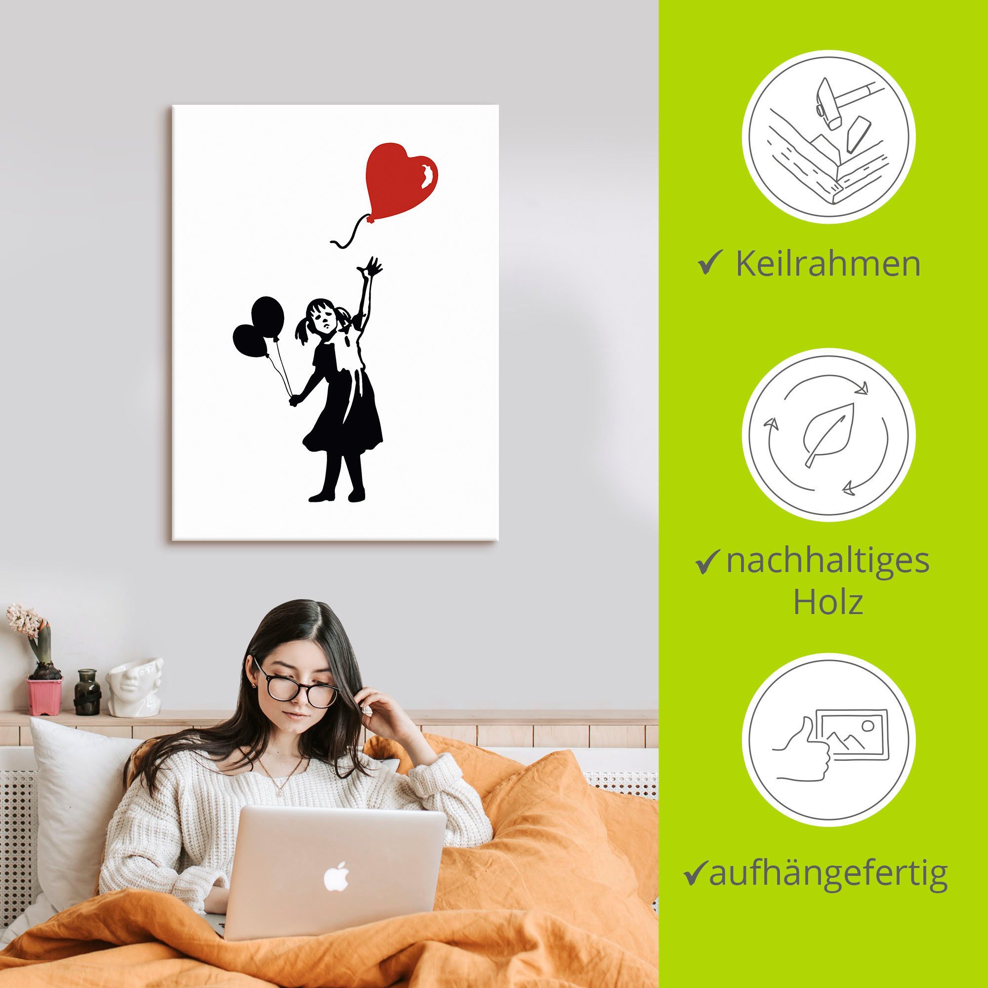 Artland Artprint op linnen Silhouet meisje ballon hart
