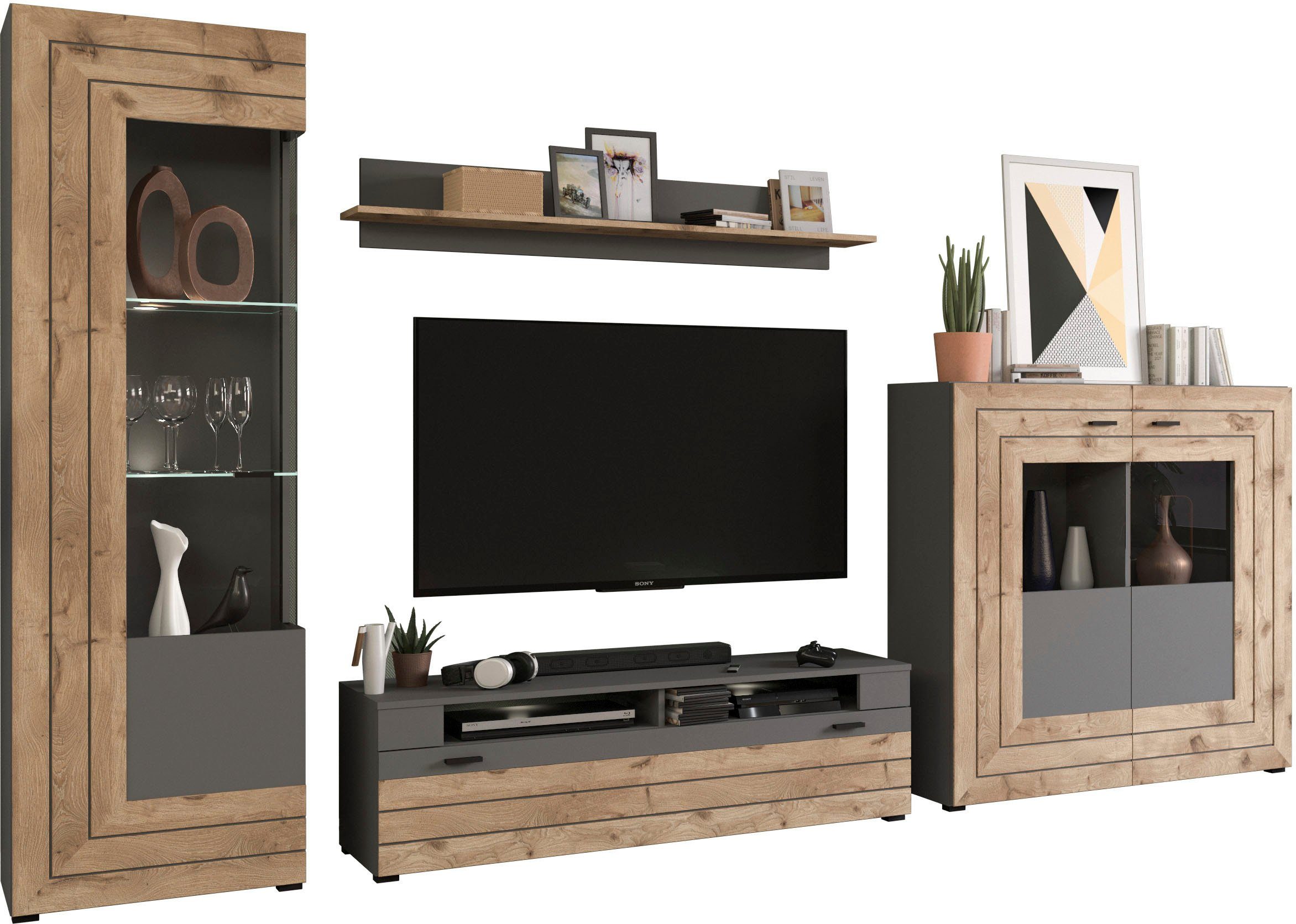 INOSIGN Wandmeubel Aalborg, breedte 350 cm, 2-kleurig, metalen handgrepen, 4-delig, bestaande uit: (4-delig) tv-wandmeubels grijs