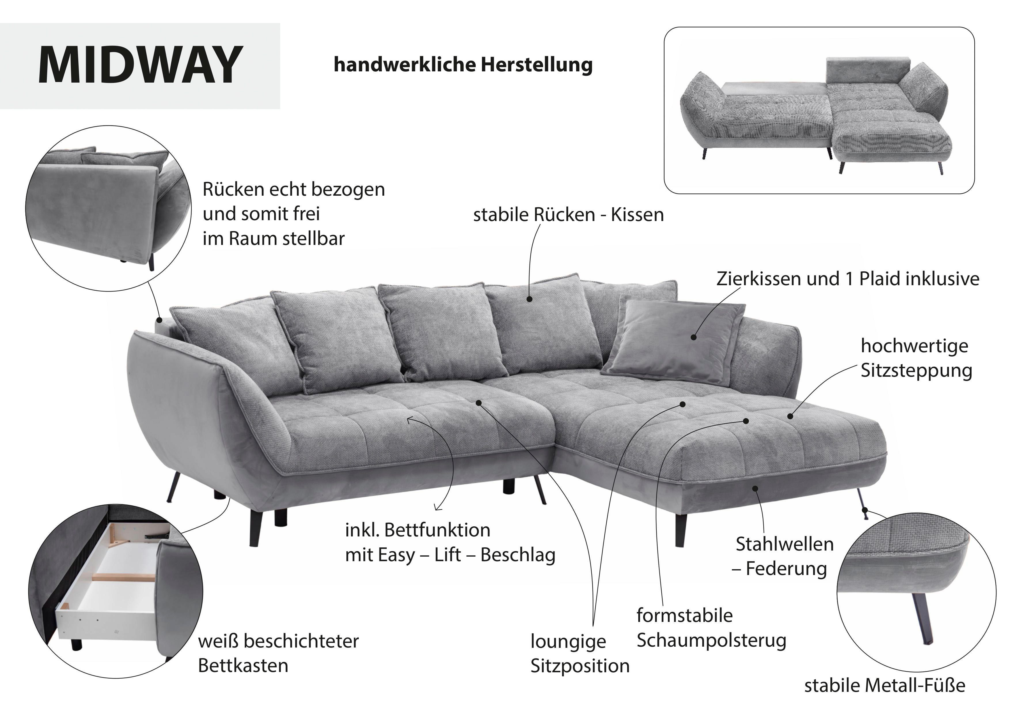 exxpo - sofa fashion Hoekbank Midway met eenvoudige Easy-Lift bedfunctie, comfortabel en modern