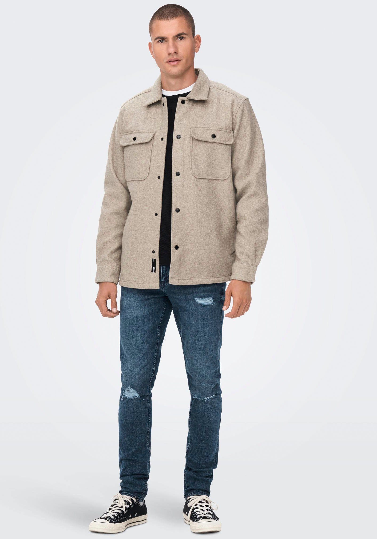 ONLY & SONS Overhemd met lange mouwen ONSASH OVR WOOLEN LOOK PKT LS SHIRT NOOS