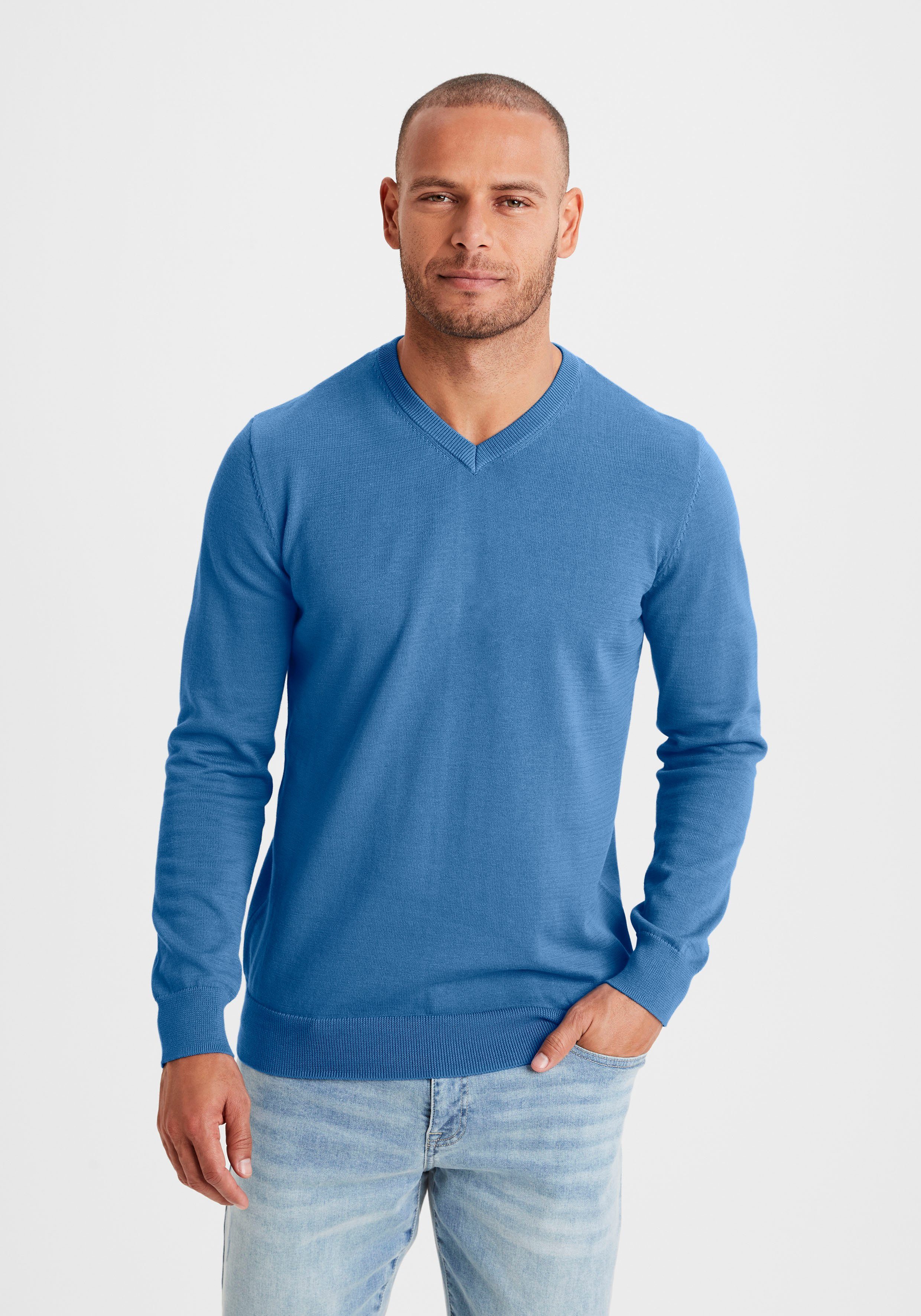 H.I.S Gebreide trui met v-hals, pullover van fijn breiwerk, katoenmix