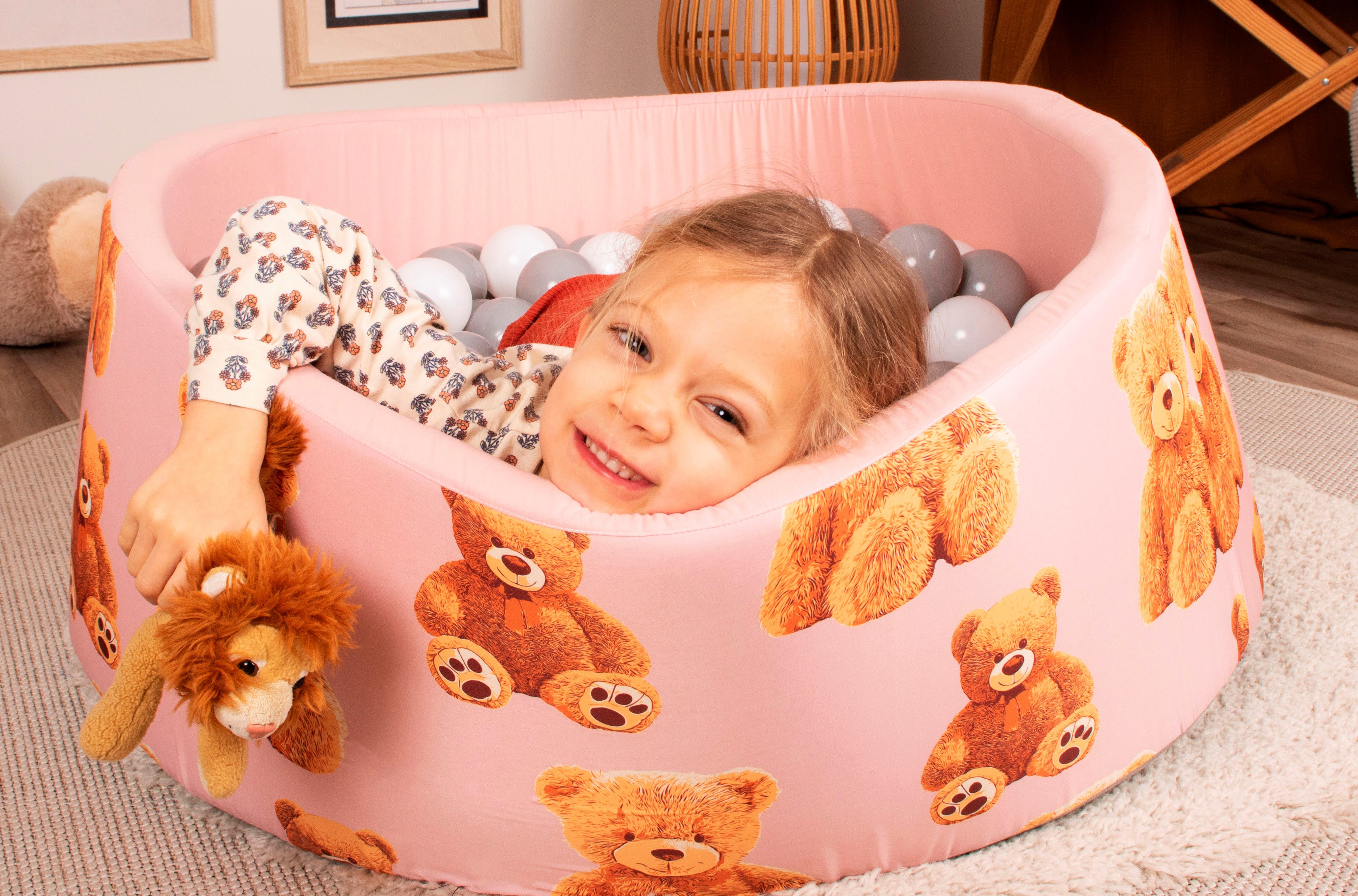 Knorrtoys® Ballenbak Soft, teddy pink met 150 ballen grijs/wit/transparant, gemaakt in europa
