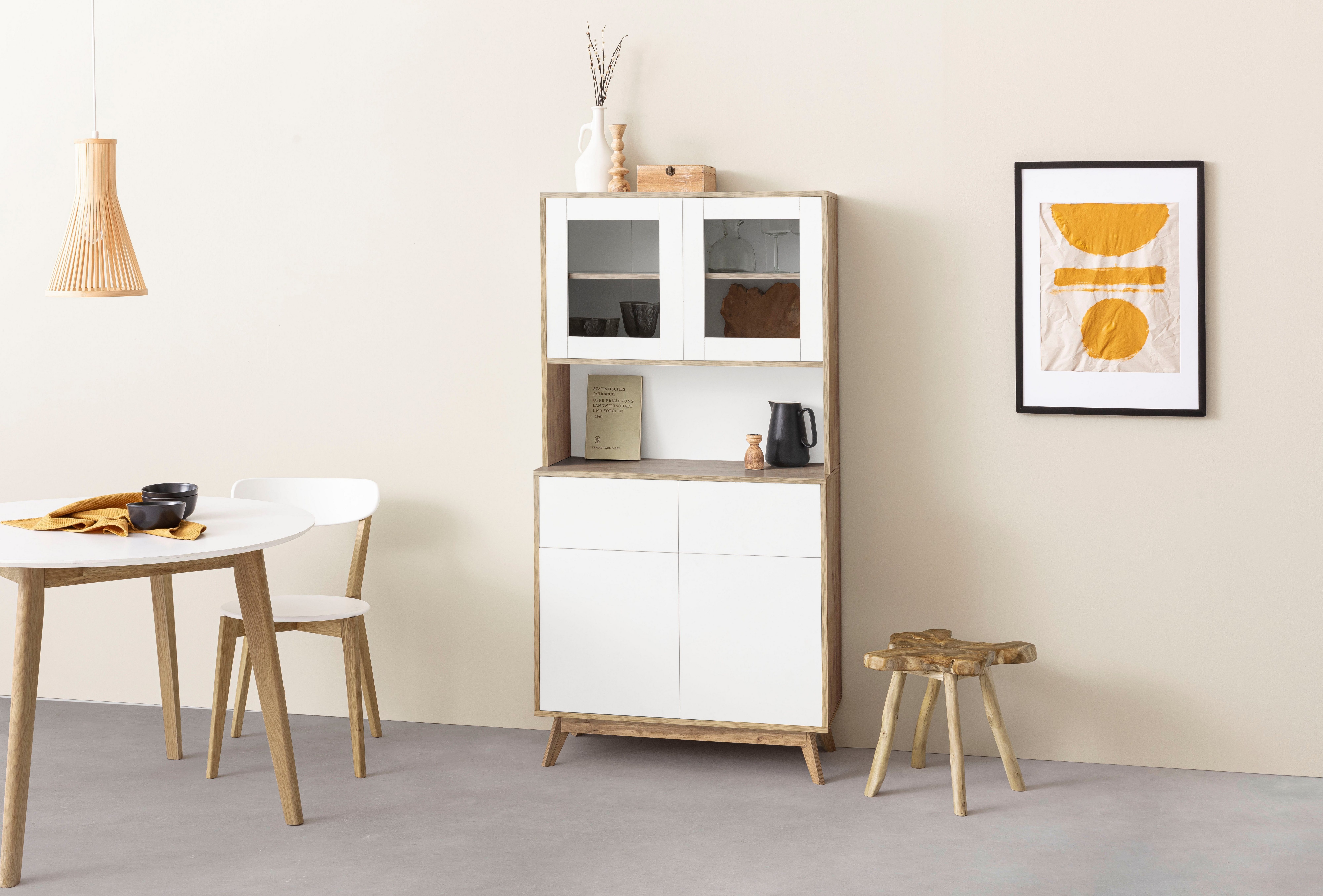 Home affaire Buffetkast Skandi 2 glasdeuren, 2 houten deuren en 2 laden, breedte 84 cm, hoogte 165 cm