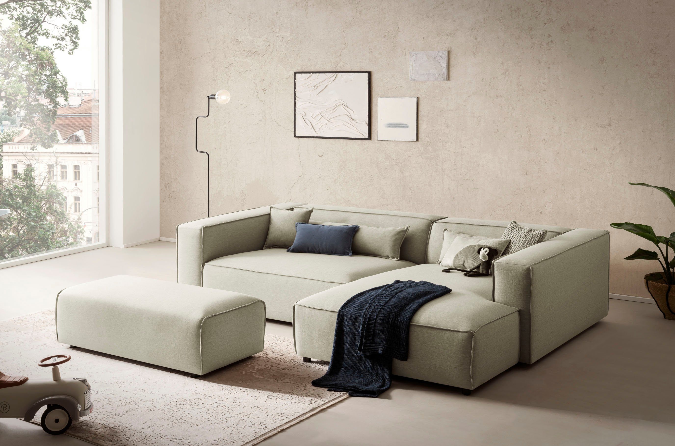 LeGer Home by Lena Gercke Hocker PIARA, poef met biesnaad in cord of linnenlook bij de serie piara, rechthoekig, zwarte voeten, comfortabel zitcomfort