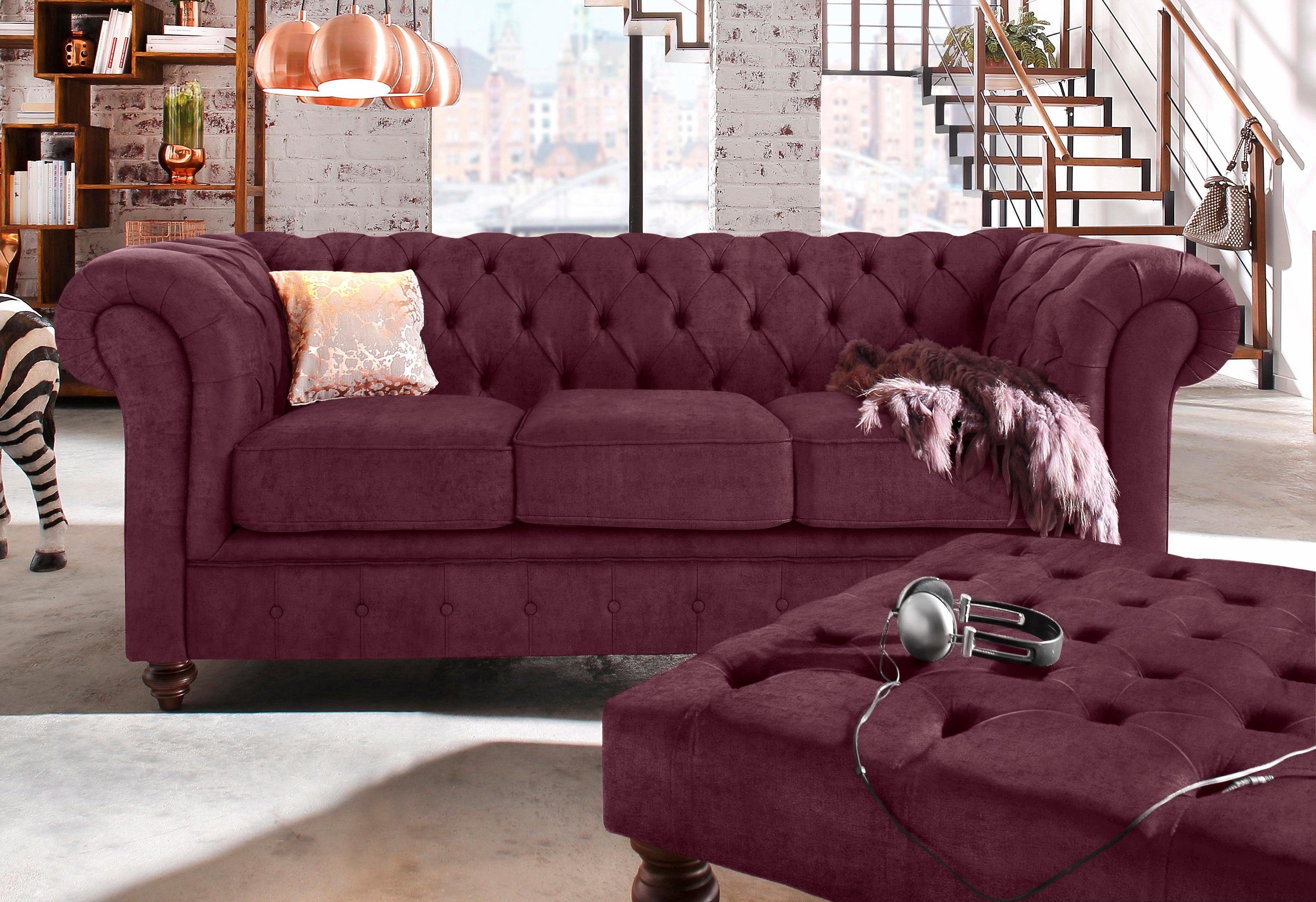 Home affaire Chesterfield-bank Chesterfield 3-zits B/D/H: 198/89/74 cm met hoogwaardige knoopdetails, ook in leer