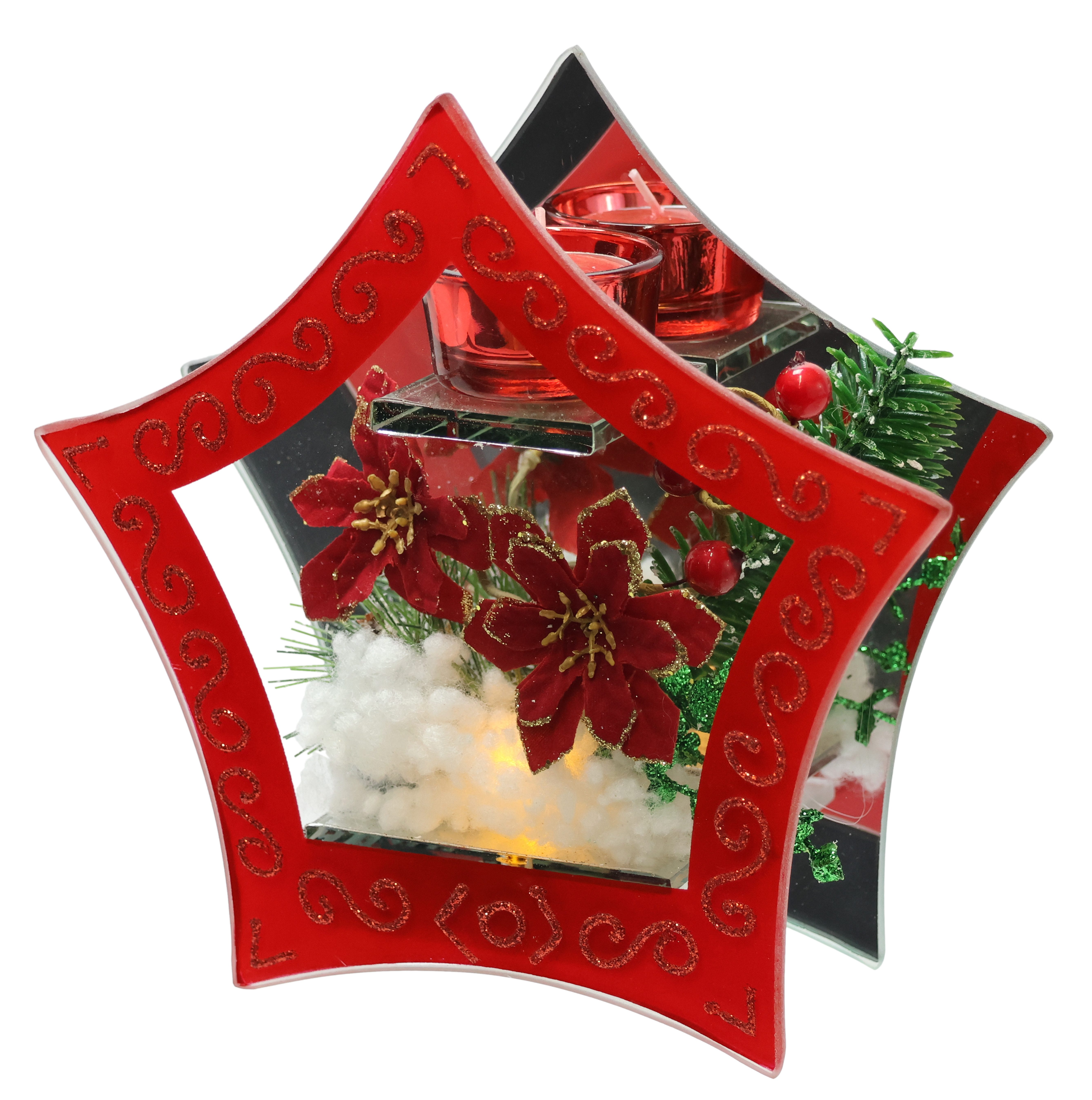 I.GE.A. Waxinelichthouder Decoratieobject met LED-licht en theelichtkaars Met kerstster bessen dennen kunstsneeuw kerstdecoratie decoratief object (1 stuk)