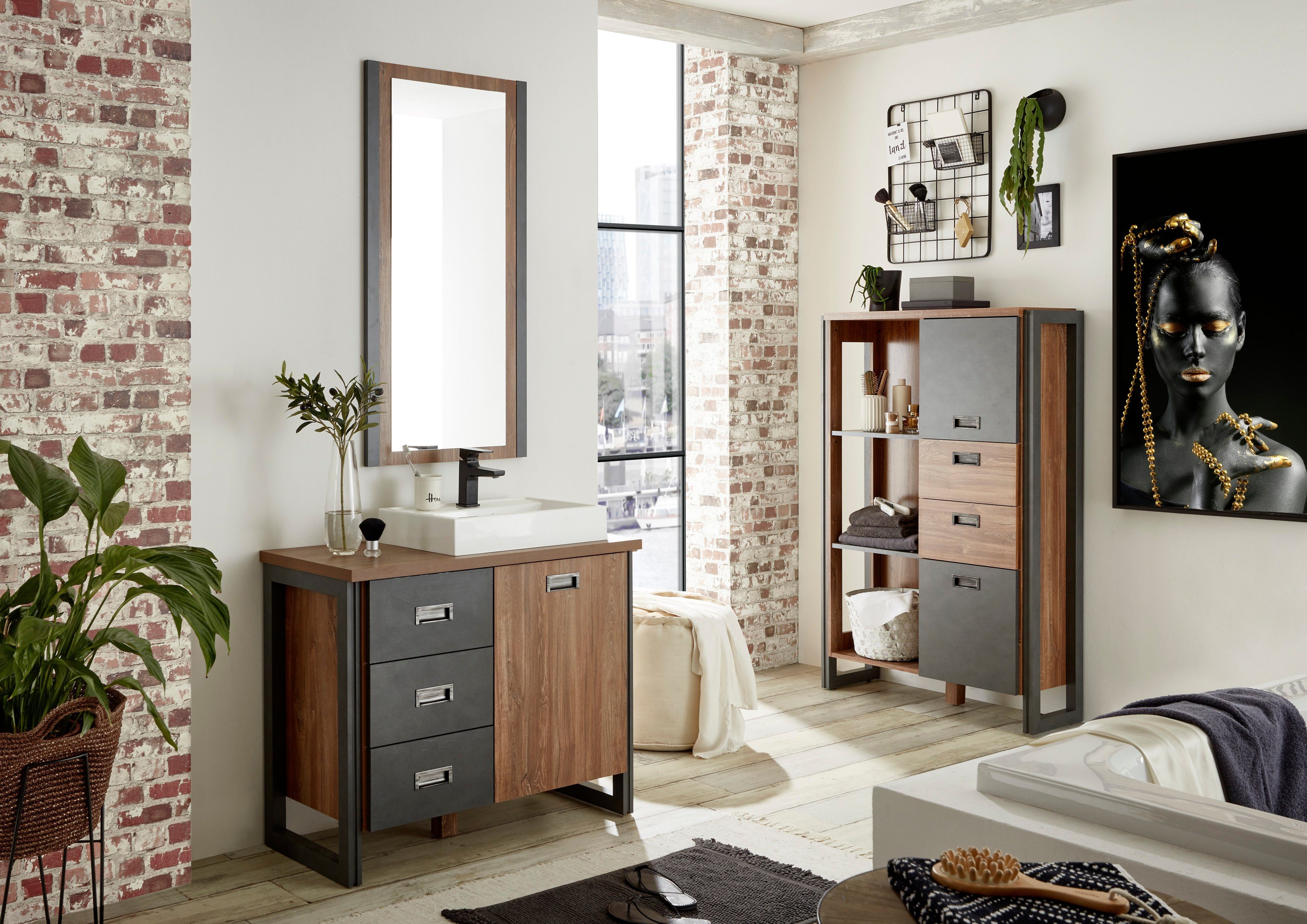 Home affaire Badkamerserie Detroit, Bad im Industrialdesign, 3-teiliges Badezimmer inclusief opzetwasbak van mineraalgietwerk (set, 3-delig)
