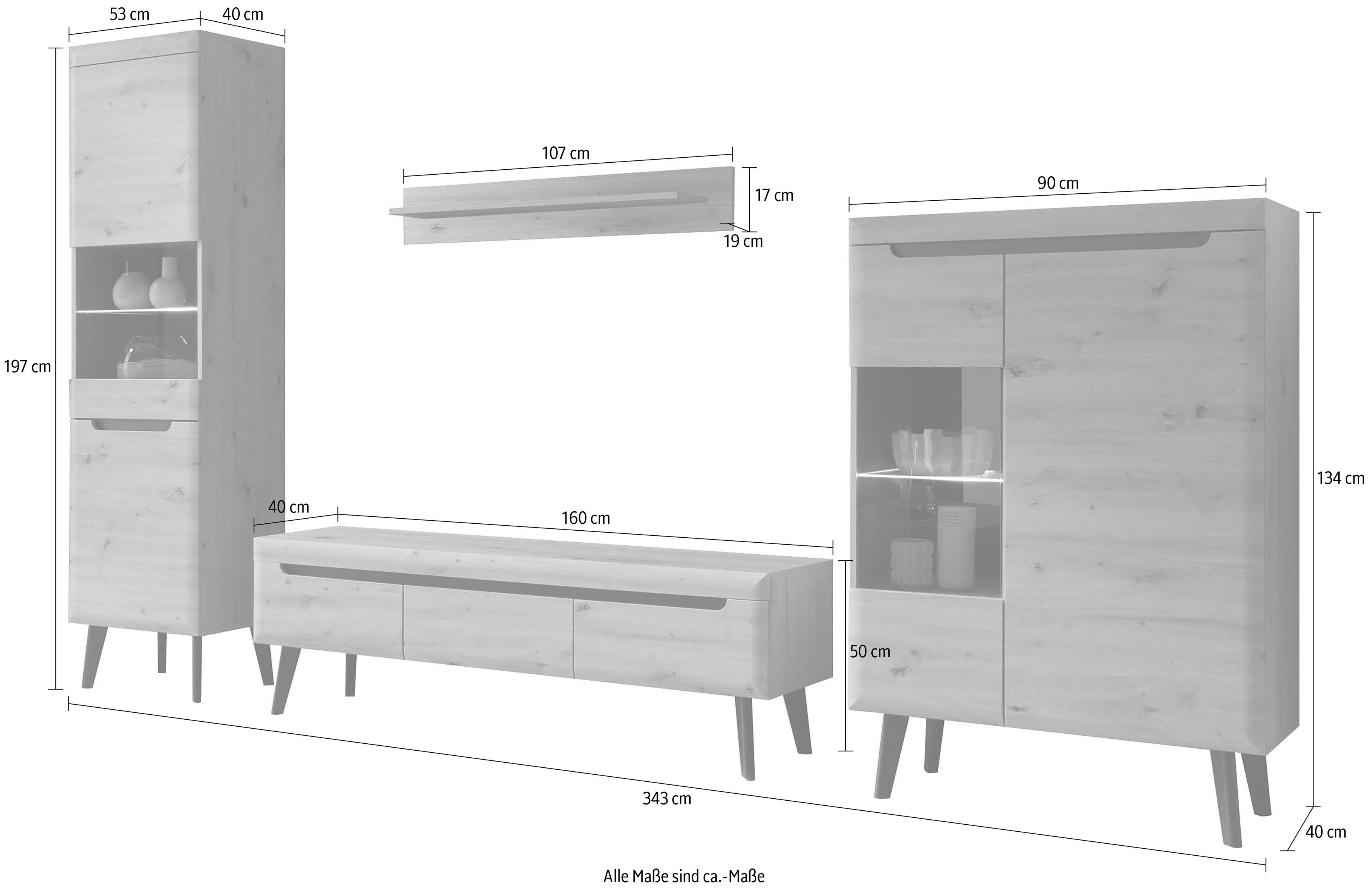 INOSIGN Wandmeubel Torge, wandmeubel, kastwand, mediawand, woonkamer-set bevat 2 vitrines, 1 lowboard, 1 wandplank, 343 cm breed (set, 4-delig)