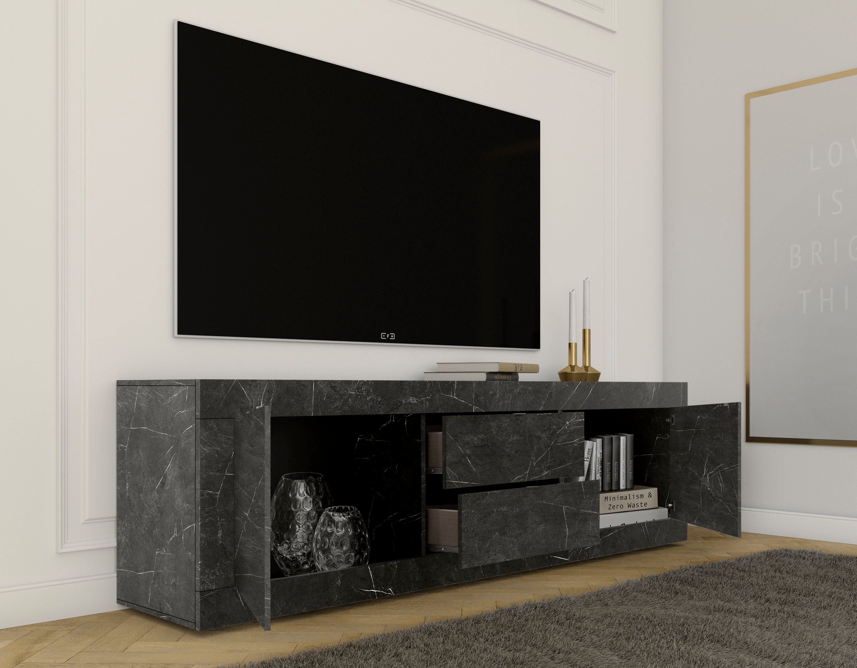 INOSIGN Tv-meubel Basis breedte 210 cm, TV-meubel 2 deuren, 2 lades, TV-kast Metalen handgreep, moderne frame-uitstraling, veel opbergruimte, kleurkeuze