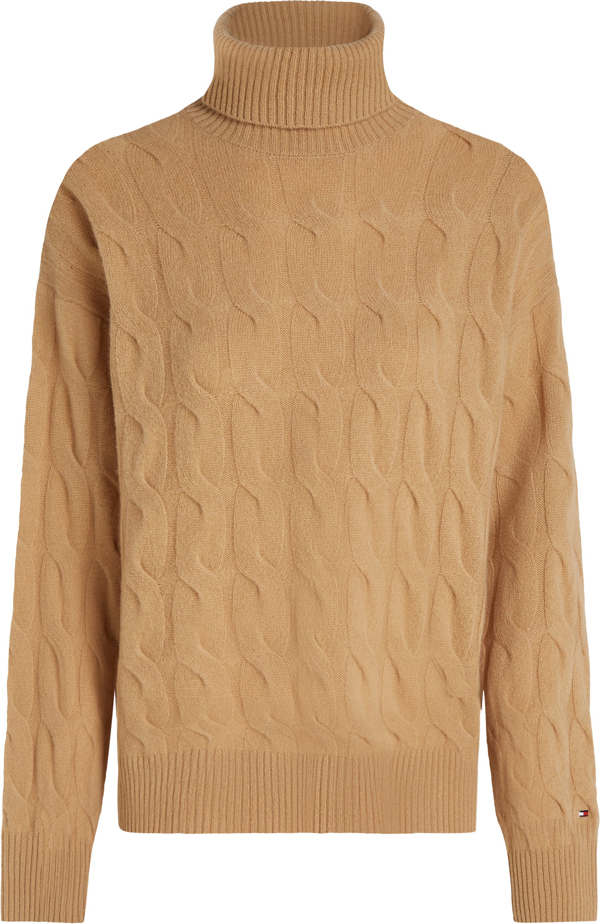Tommy Hilfiger Coltrui SOFT WOOL CABLE ROLL-NK SWEATER met logoborduring allover kabelpatroon rolkraag 100% wol