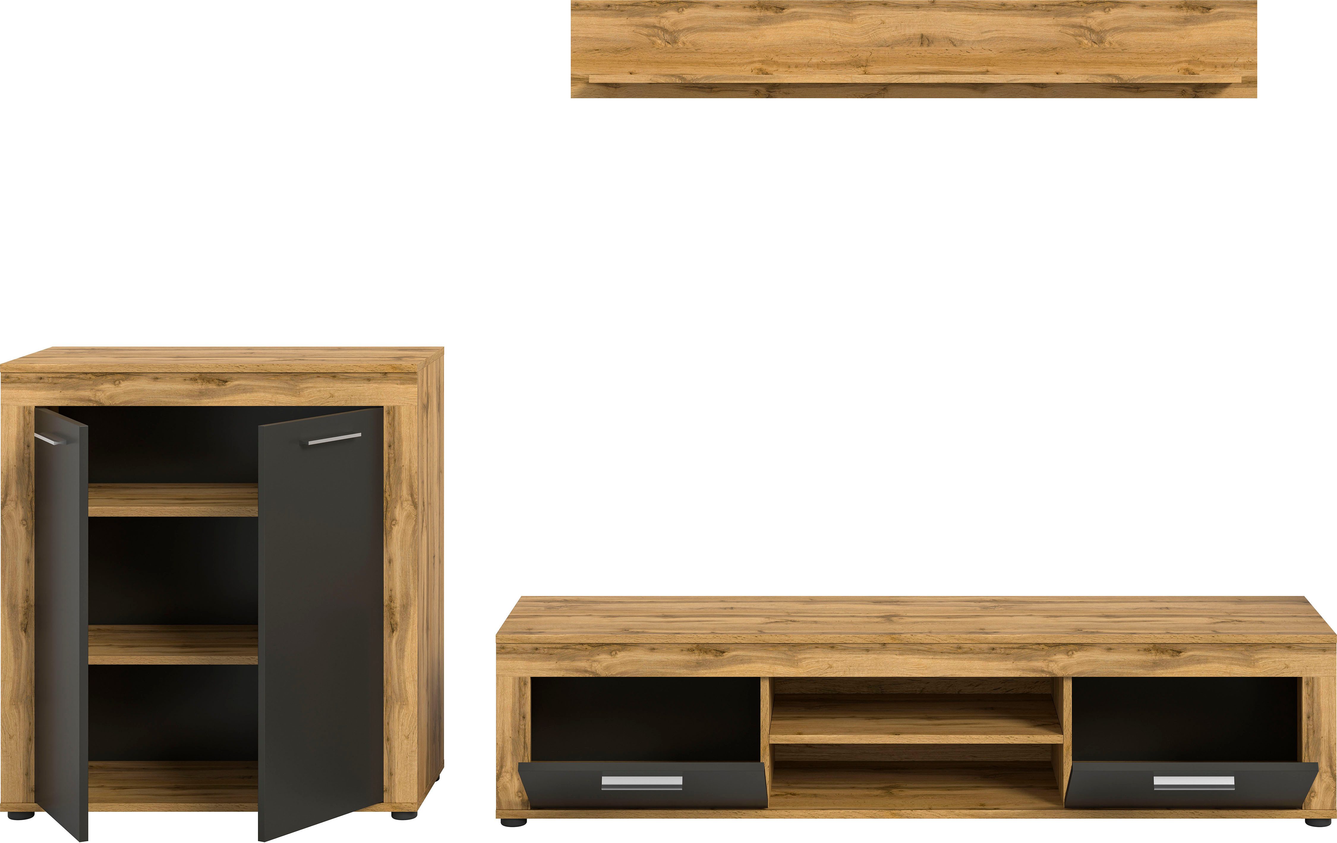 INOSIGN Wandmeubel Aosta, Breedte 255cm, bestaand uit Highboard, Lowboard, Wandplank Woonwand, combinatie, opbouwwand, meubelset, kastwand, meubelcombi (3-delig)