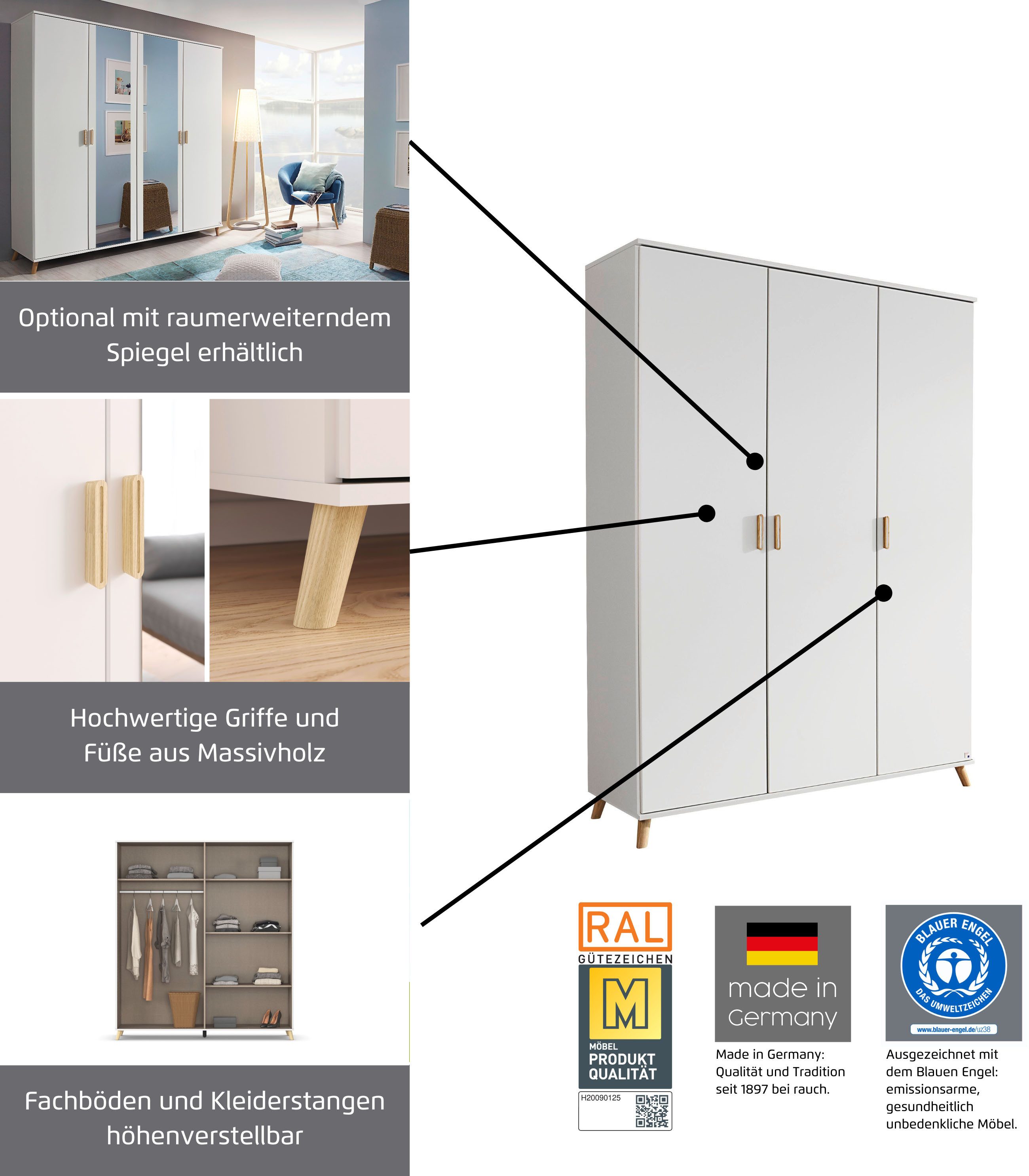 rauch Kledingkast Ottos Choice Skandi Kinderkamer Bestseller Slaapkamerkast FALUN in moderne scandi-look, poten/handgrepen eiken massief made in germany