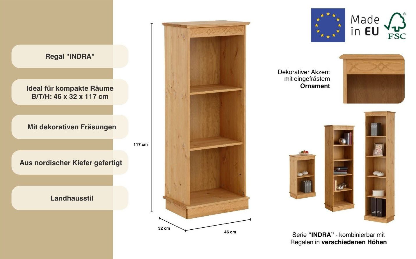 Home affaire Boekenkast Indra van massief dennenhout, in verschillende hoogtes, met fsc®