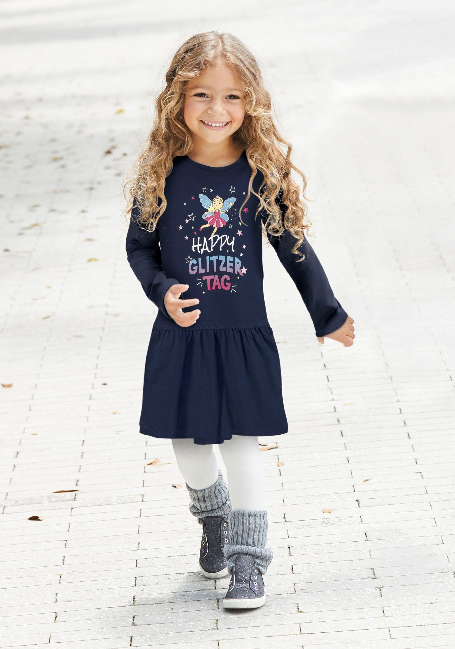KIDSWORLD Jerseyjurk HAPPY GLITZER TAG knie-vrije lengte, speelse look, van katoenmix