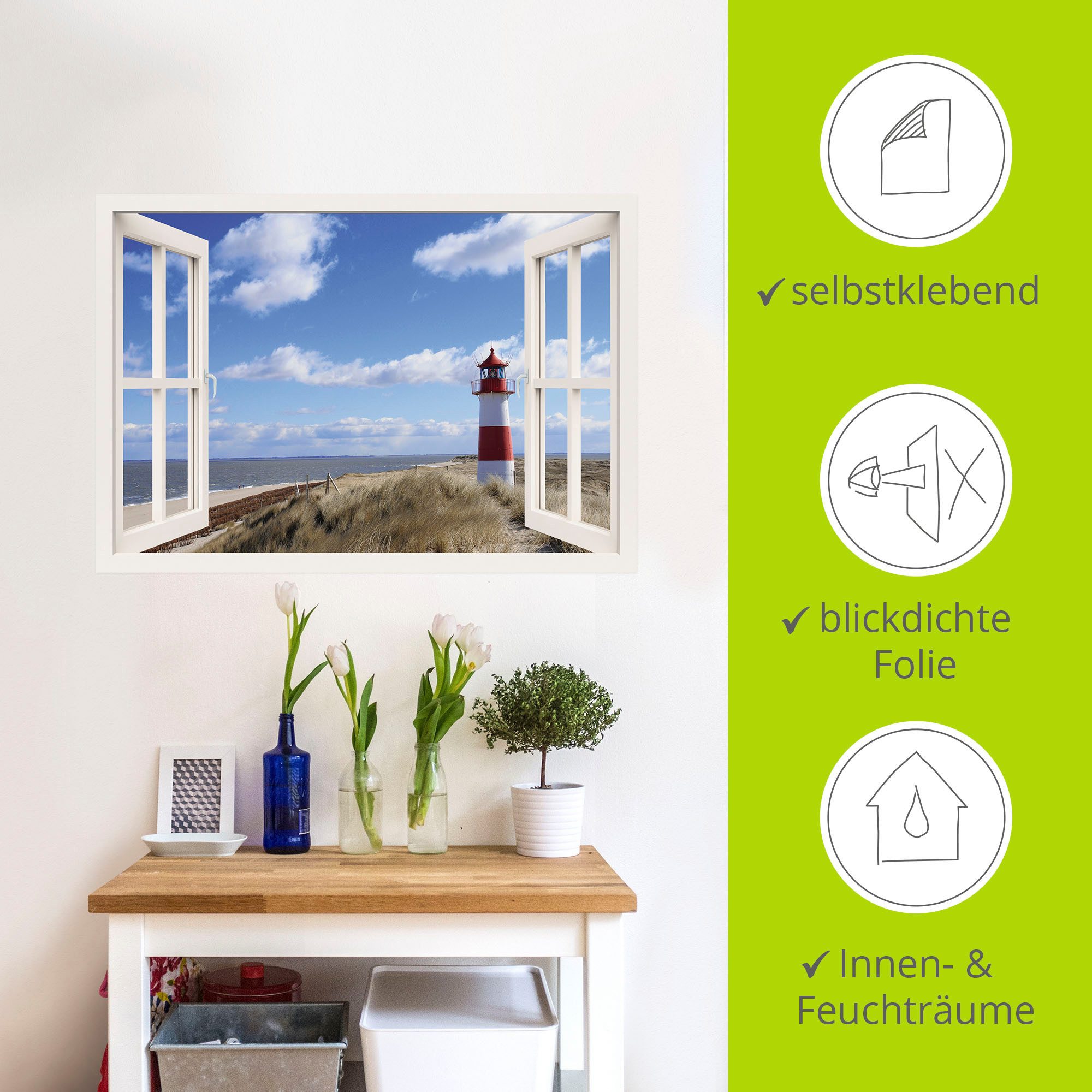 Artland Artprint Blik uit het venster - vuurtoren Sylt als artprint op linnen, poster, muursticker in verschillende maten