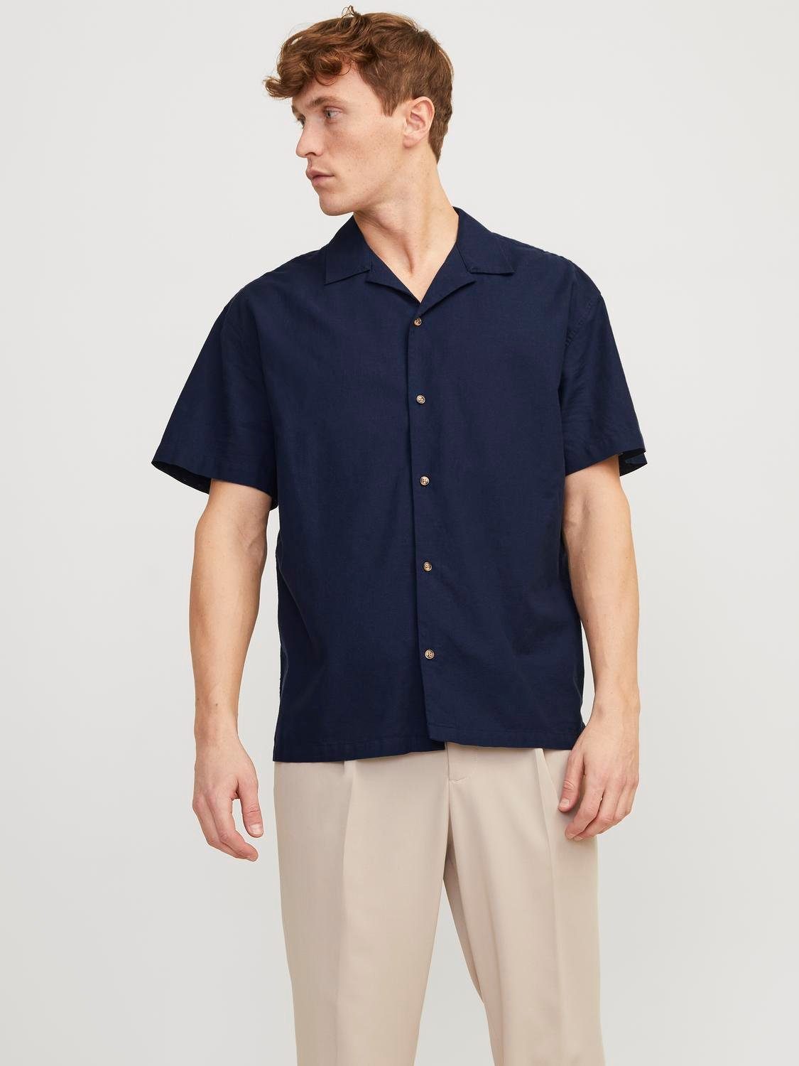 Jack & Jones Overhemd met korte mouwen JJESUMMER RESORT LINEN BLEND SHIRT SS SN heren overhemden maat S blauw