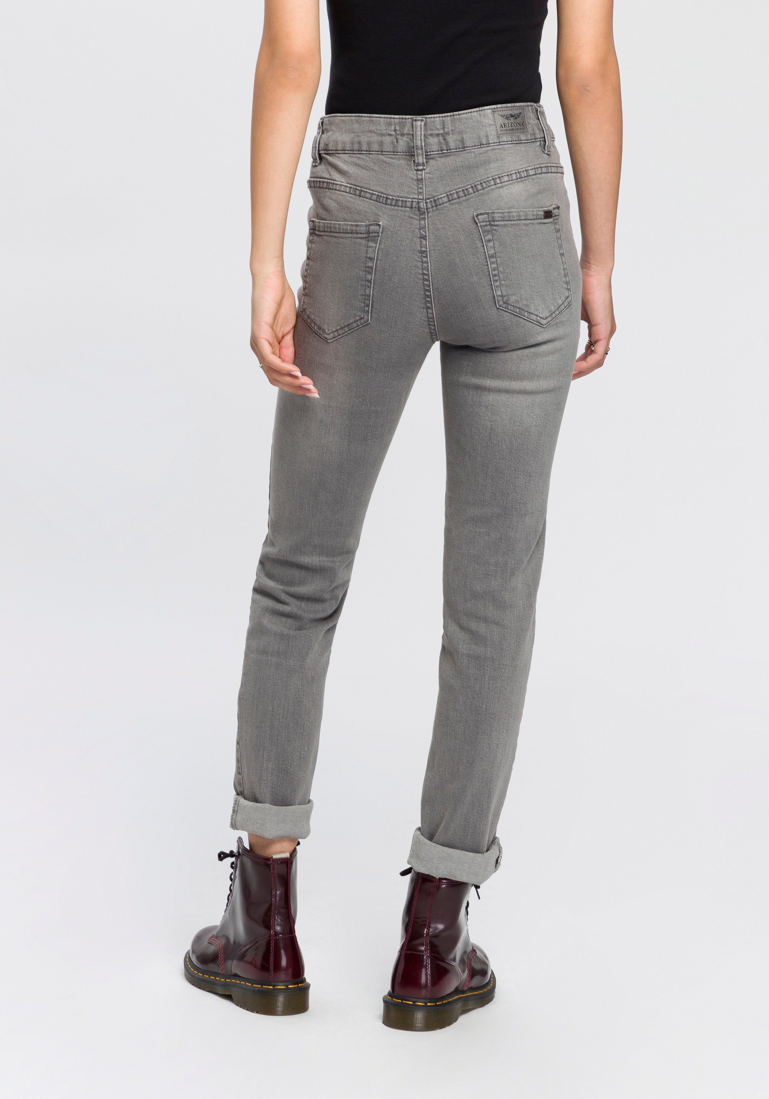 Arizona Slim fit jeans Tailleband met zij-elastiek inzet smalle pasvorm, skinny jeans, used-wassing, hoge taille