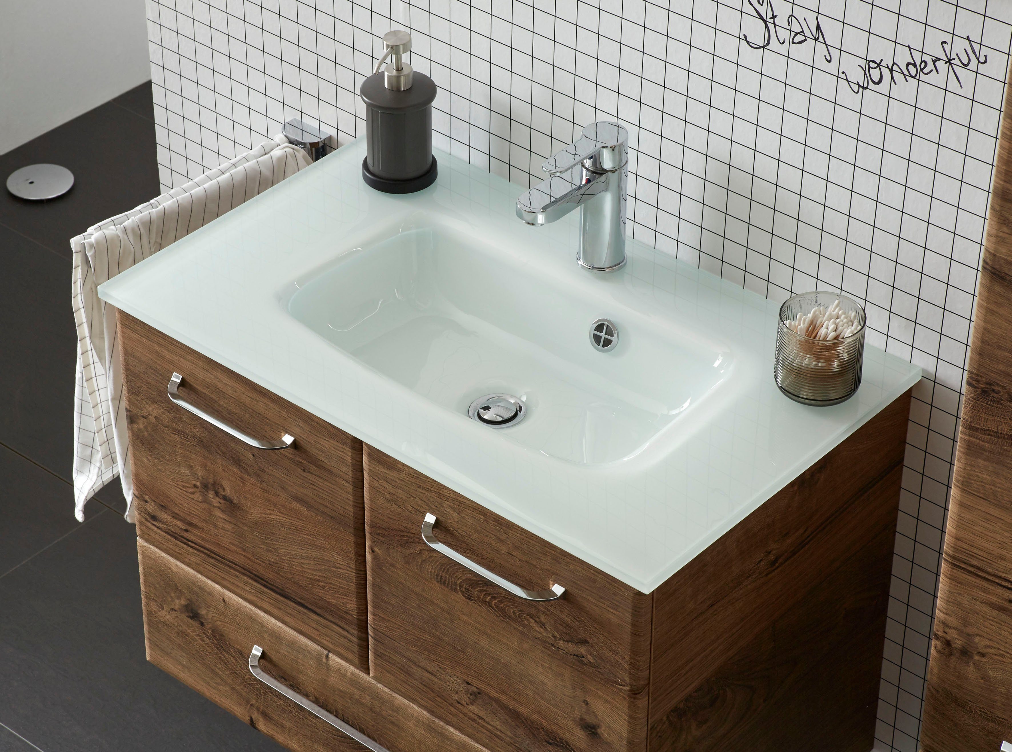 Saphir Wastafelonderkast Quickset glazen wastafel met onderkast, 74 cm breed, wastafel Grepen in glanzend chroom, inclusief deurdemper, 2 deuren, 1 lade