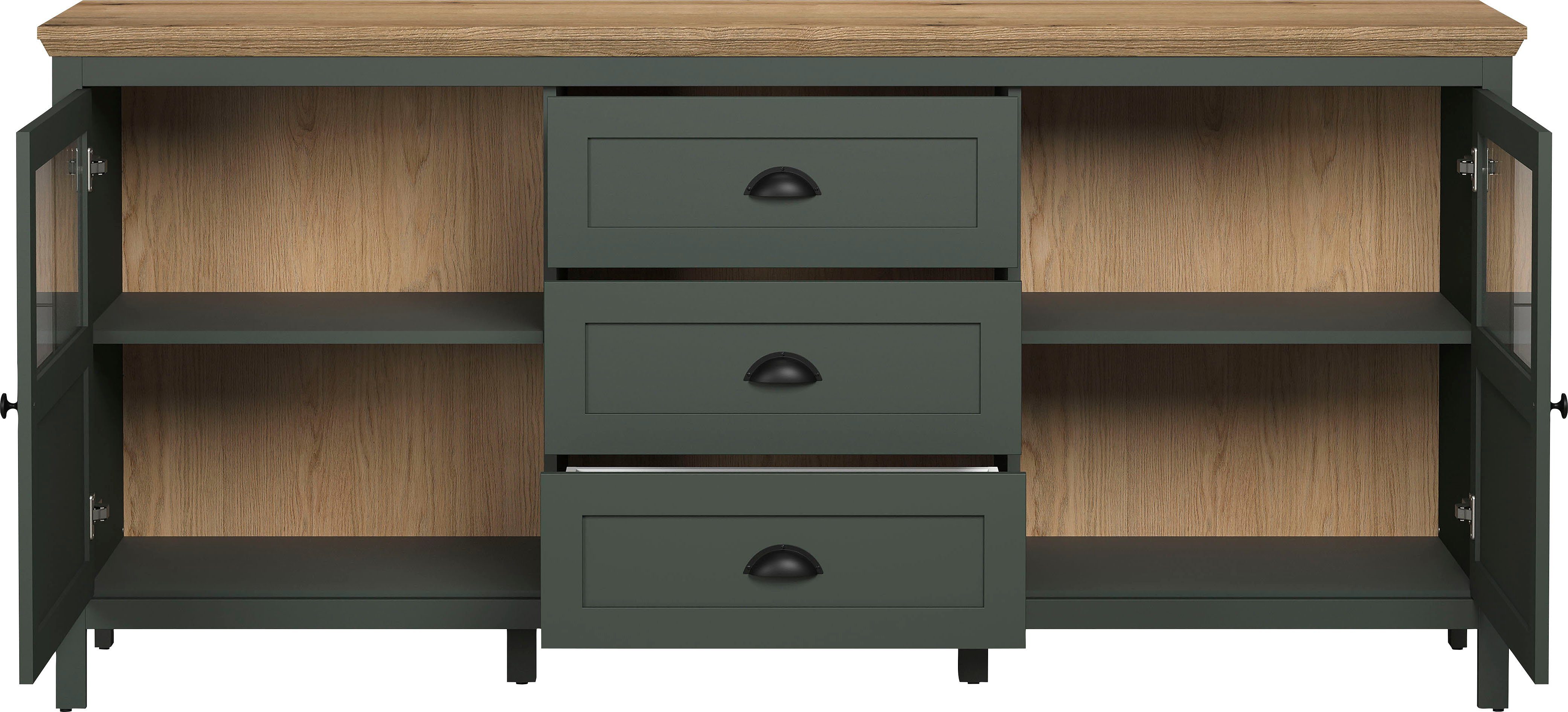 Home affaire Dressoir Vienna Commode in landhuisstijl met schelpenhandgrepen en glazen deuren