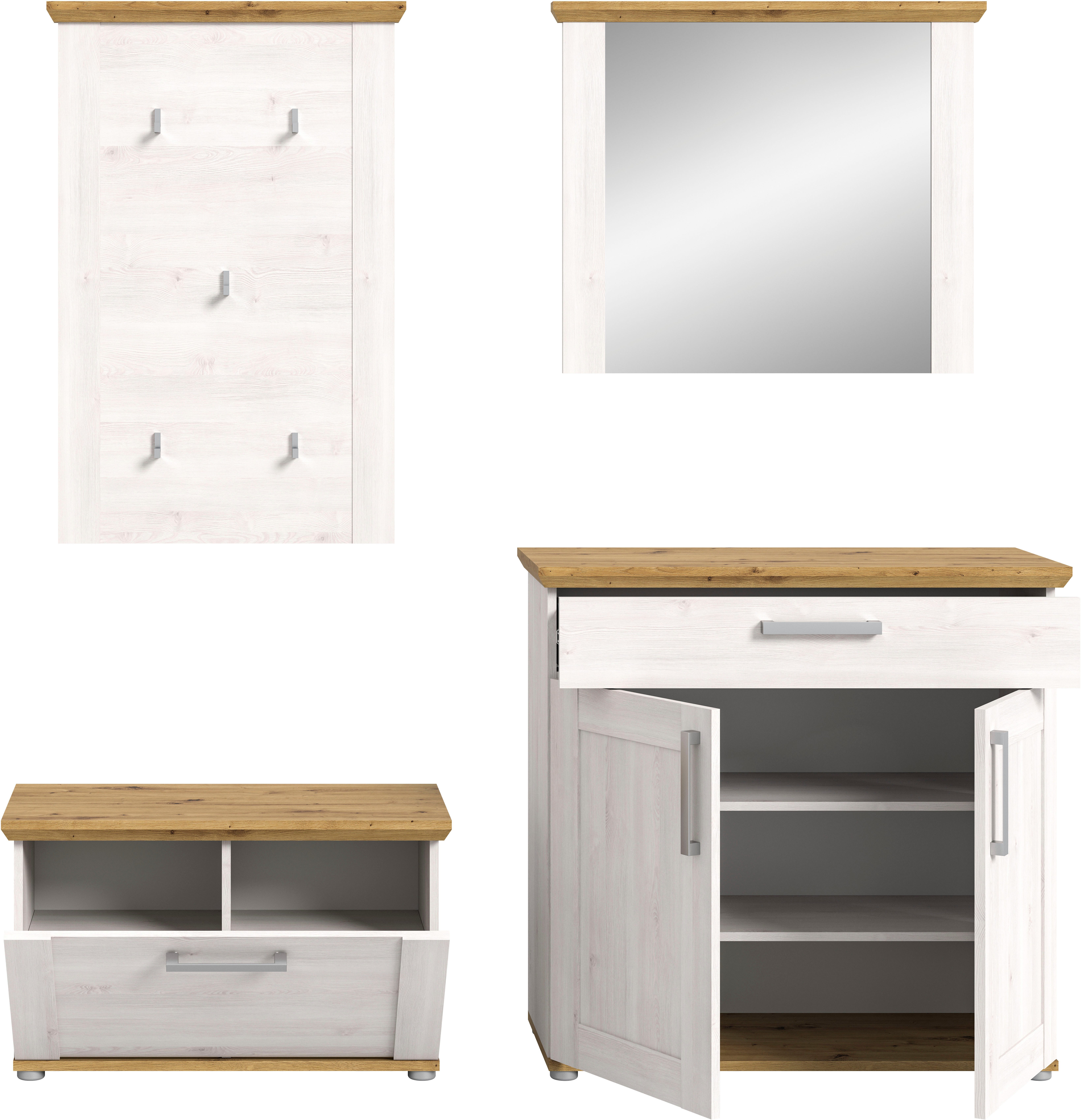 Home affaire Halmeubelset Cosenza, Breedte ca. 190 cm, 2-kleurig, 4-delig, bestaande uit: Zitbank, garderobenpaneel, schoenenkast, spiegel, in landelijke stijl (4-delig)