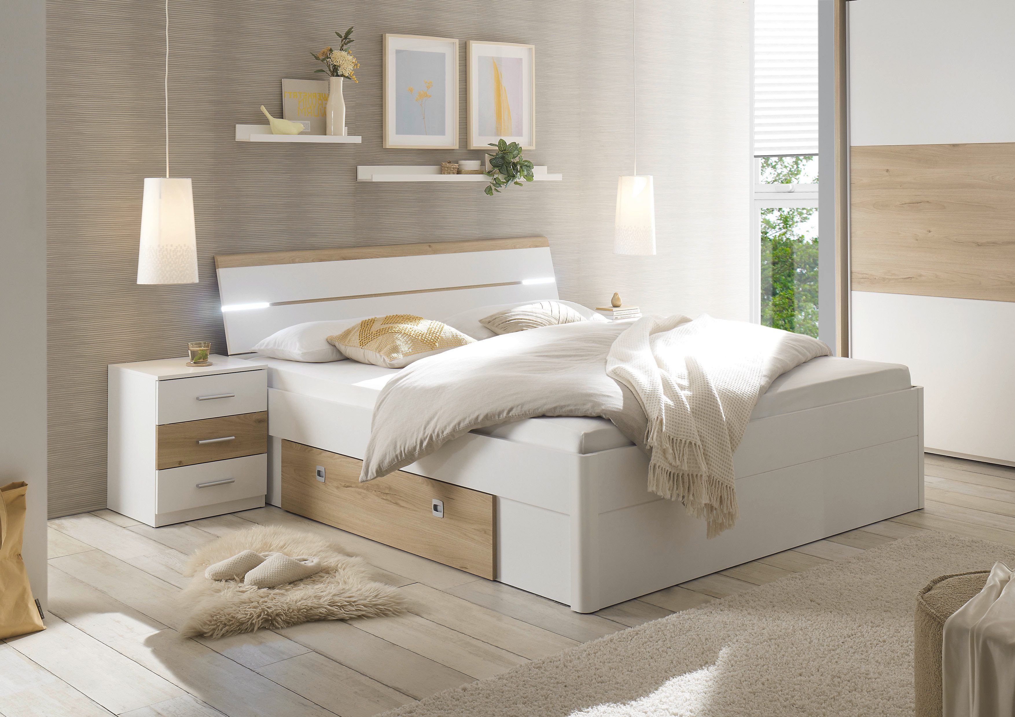 Schlafkontor Ledikant Kiara bed met 2 nachtkastjes inclusief verlichting in het hoofdeinde en 2 bedlades (set) bedframes wit