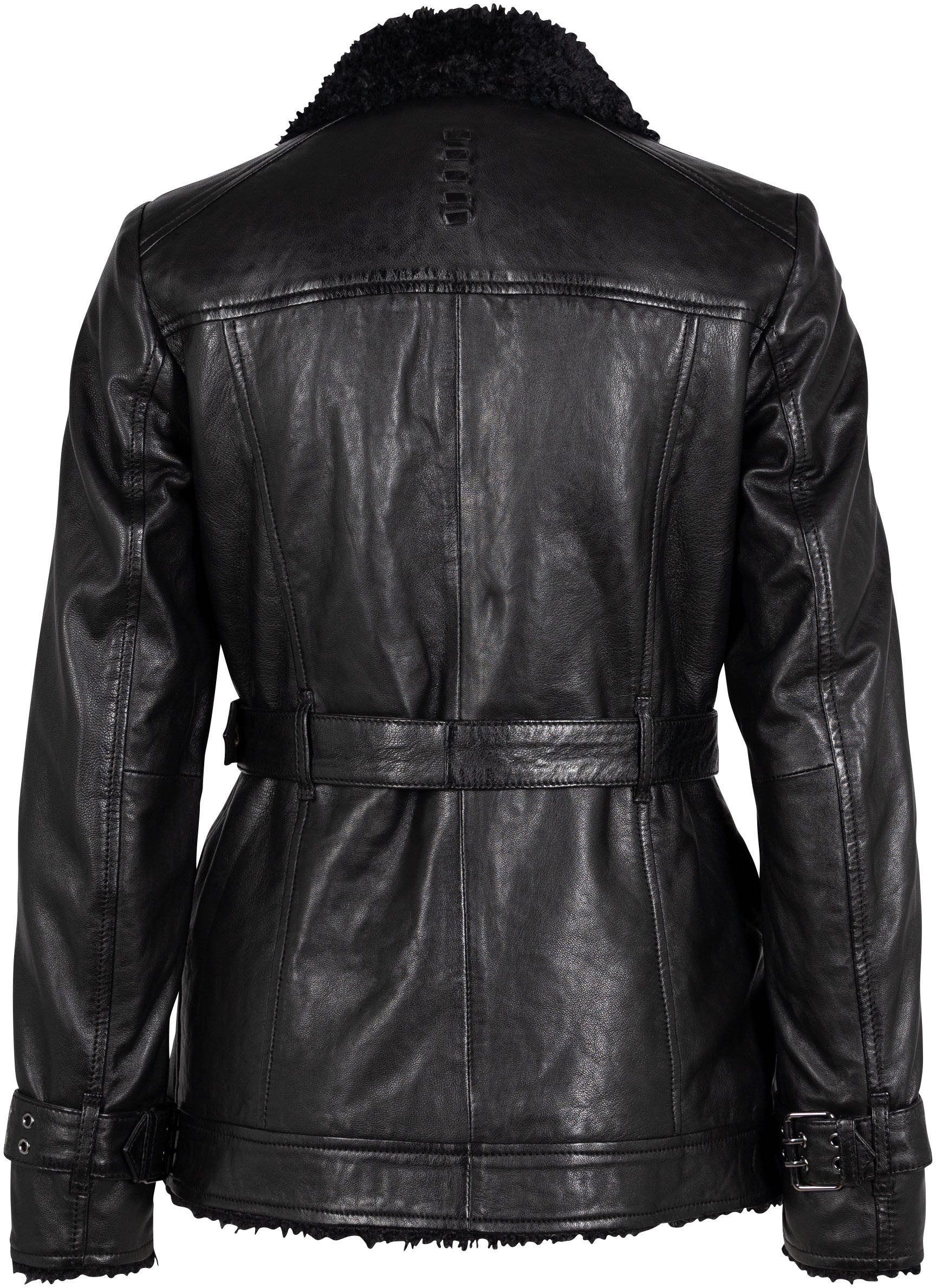 Mauritius Leren jack G2WDeba SF met imitatiebont, riem, asymmetrische rits