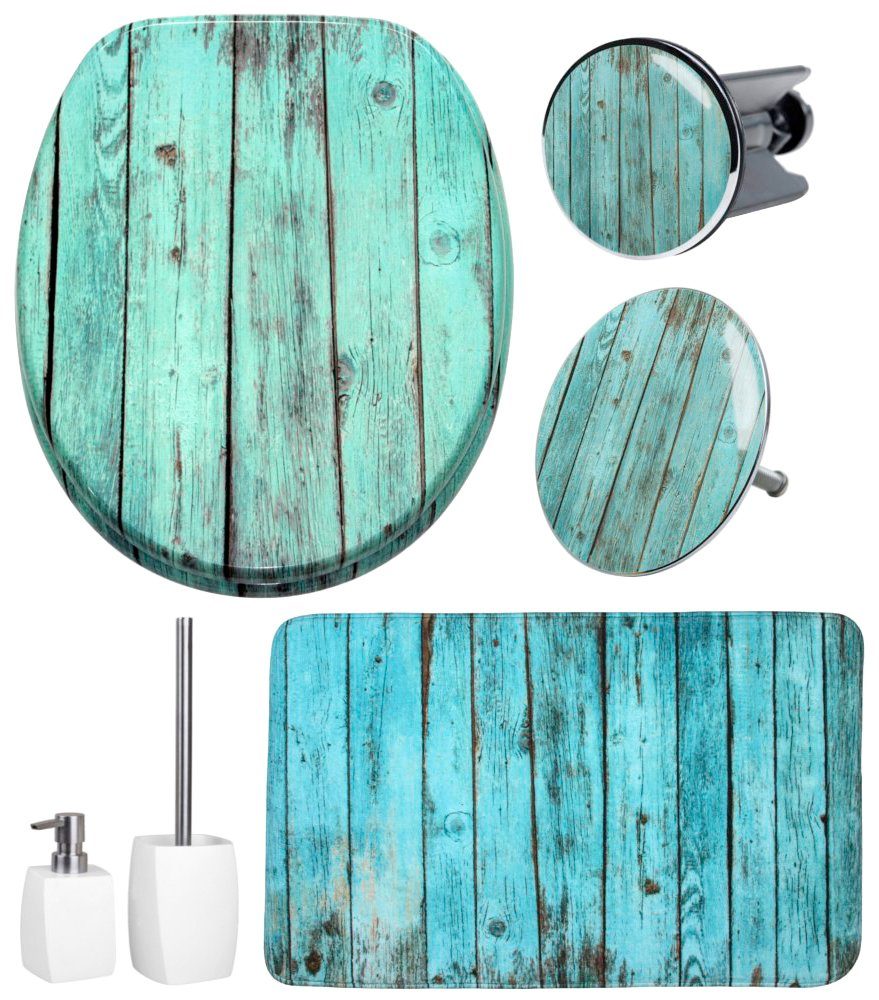Sanilo Set badkameraccessoires Lumber bestaand uit toiletzitting, badmat, wasbak- en afvoerstop voor de badkuip, zeepdispenser en toiletborstel (complete set, 6-delig)
