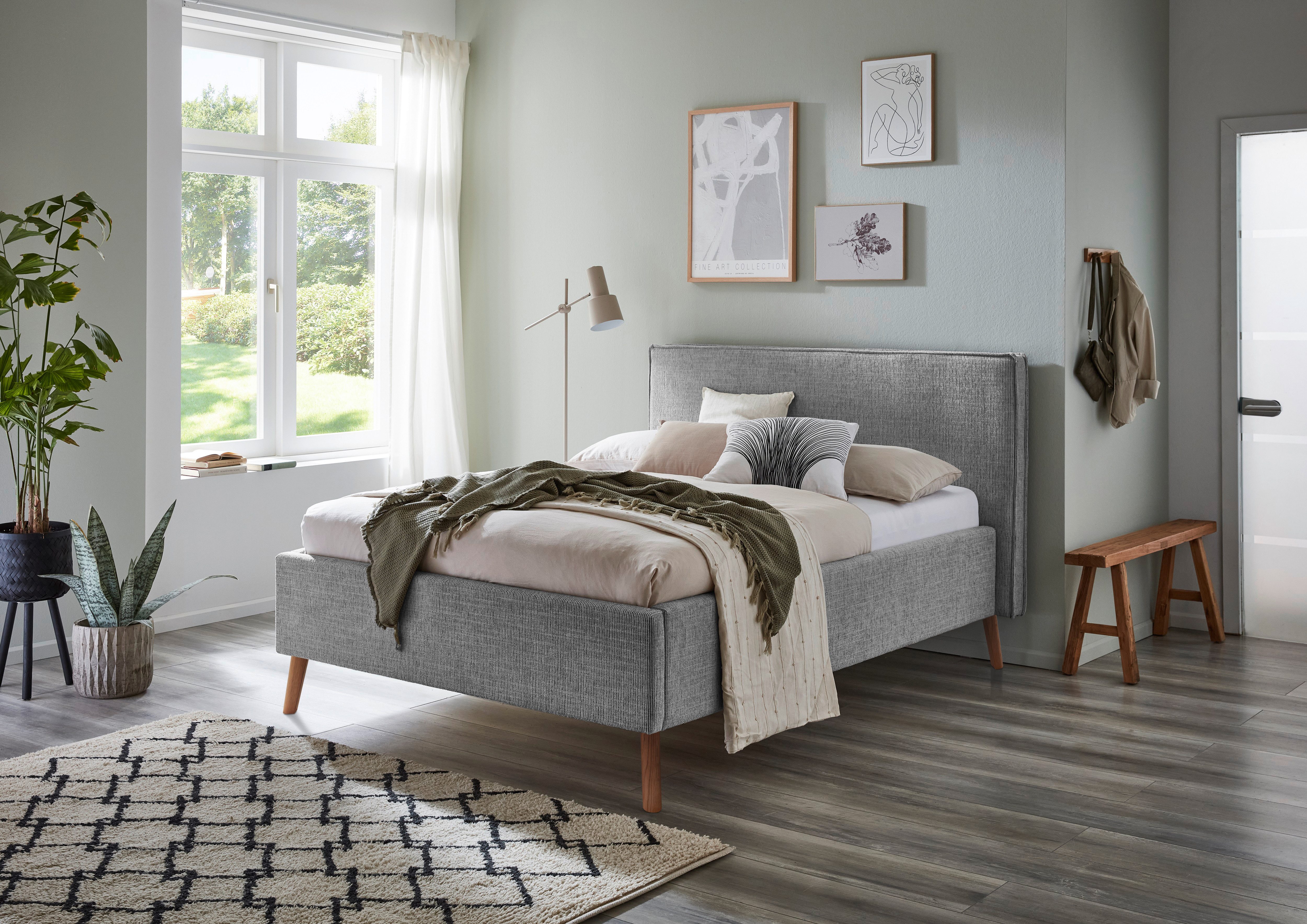 meise.möbel Gestoffeerd bed Riva met eikenkleurige houten poten, naar keuze met bedkist en lattenbodem bedden grijs
