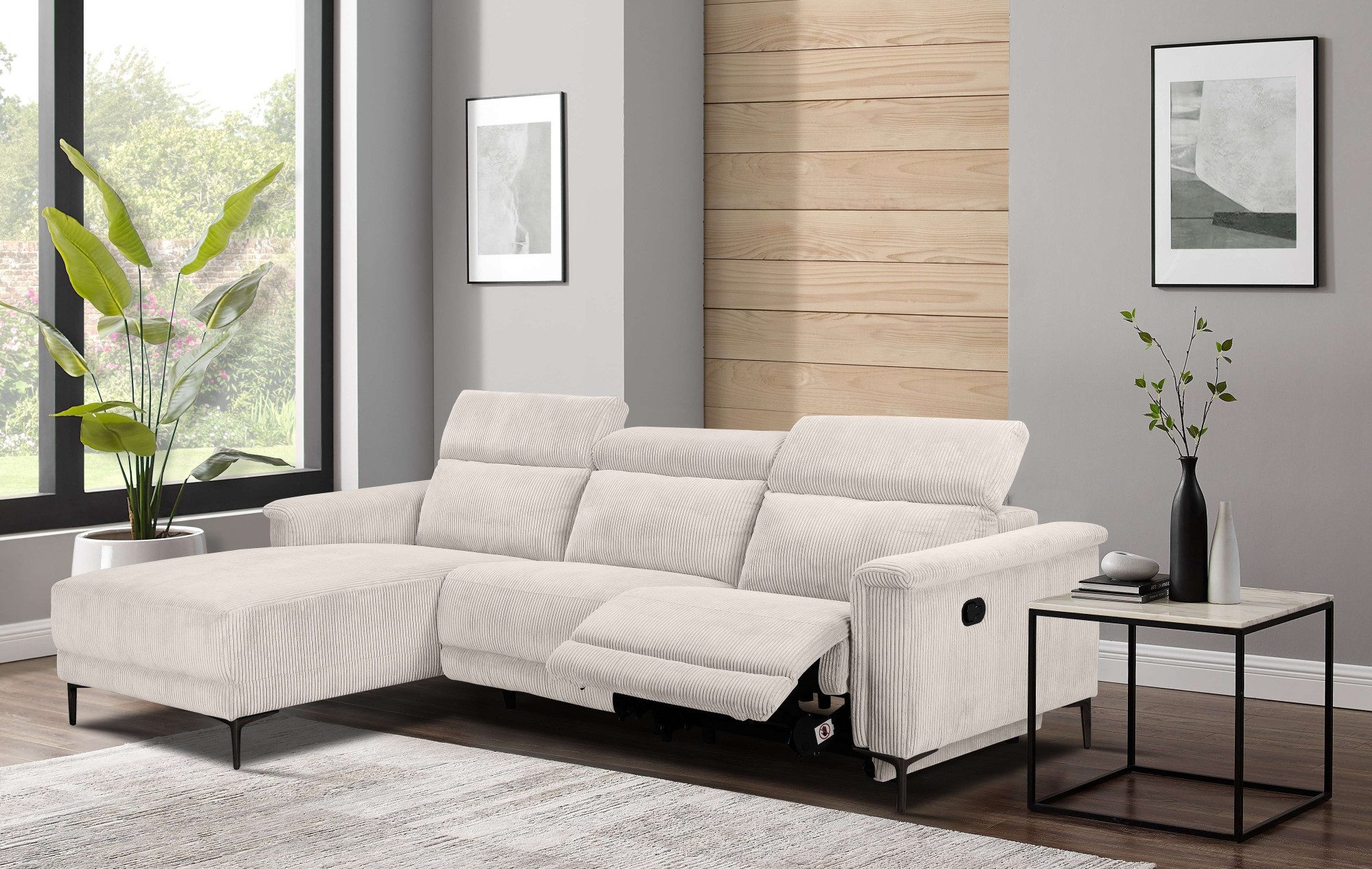 Places of Style Hoekbank Lund in cord, L-vorm, 261 cm, handmatige en elektrische relaxfunctie