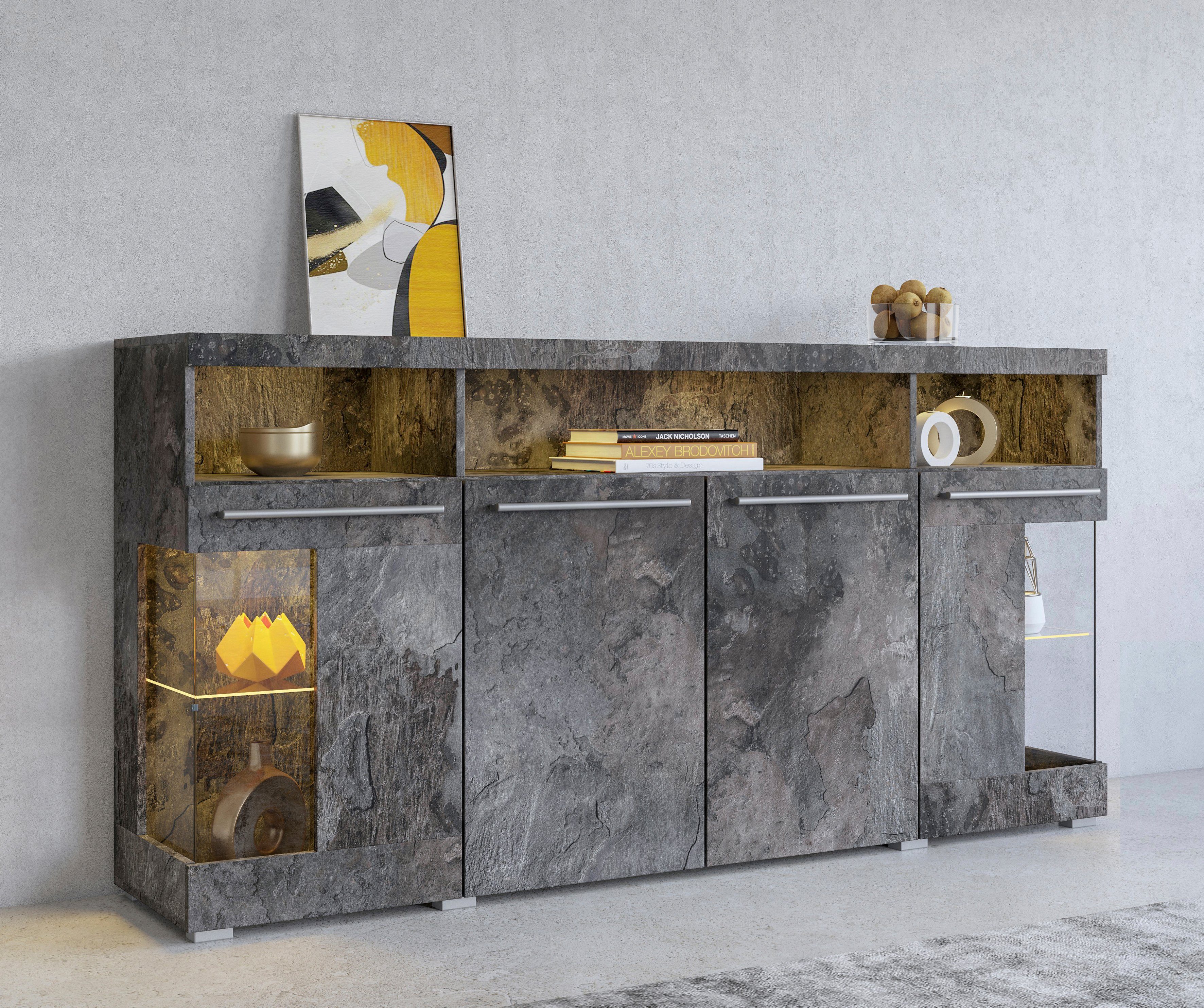 INOSIGN Dressoir India, breedte 182cm, stijlvolle kast met glazen deuren Kast met laden en deuren veel bergruimte, planken verstelbaar,zonder