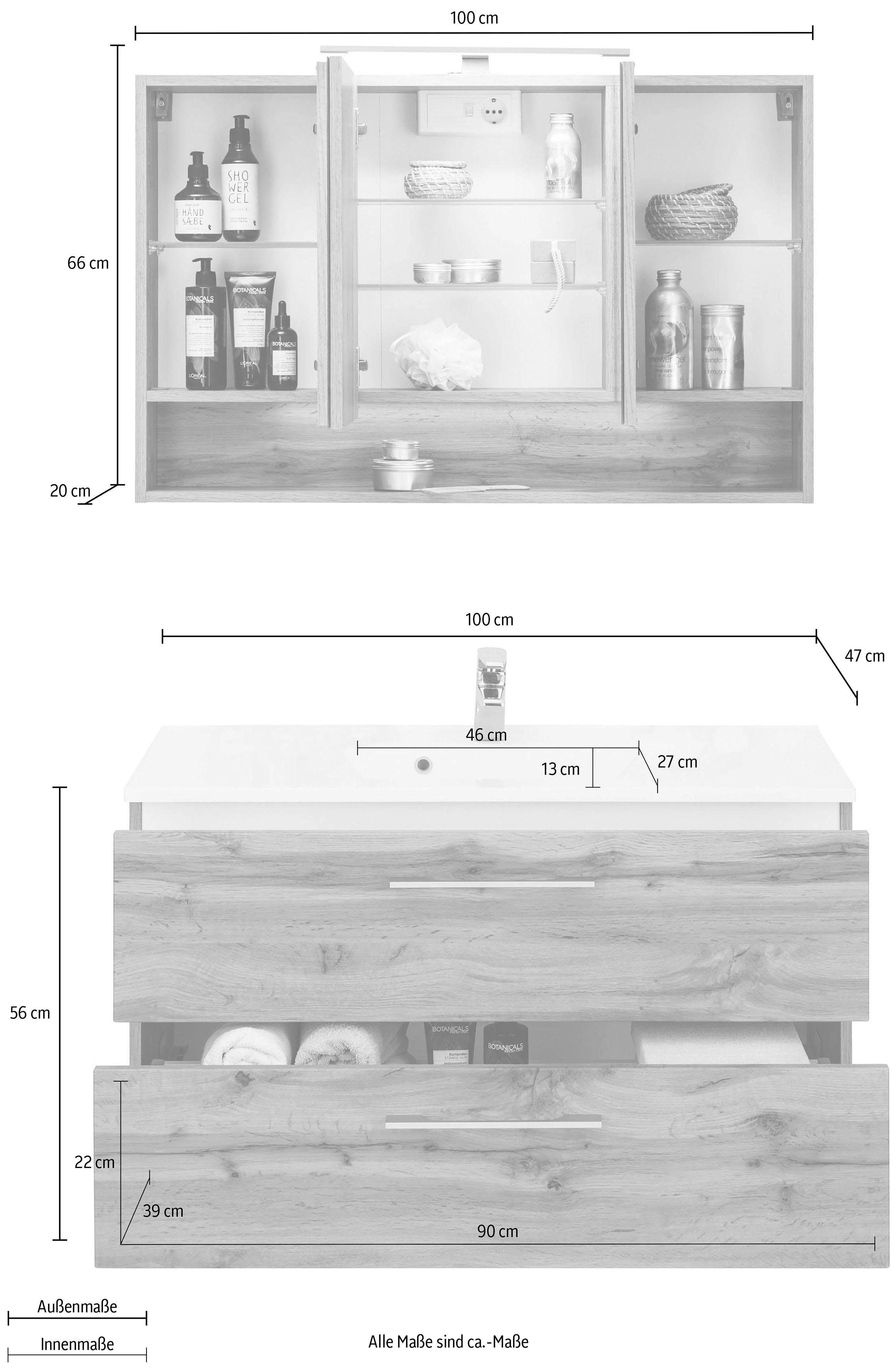 welltime Badkamerserie Soria Wastafelmeubel breedte 100 cm, spiegelkast (2-delig)