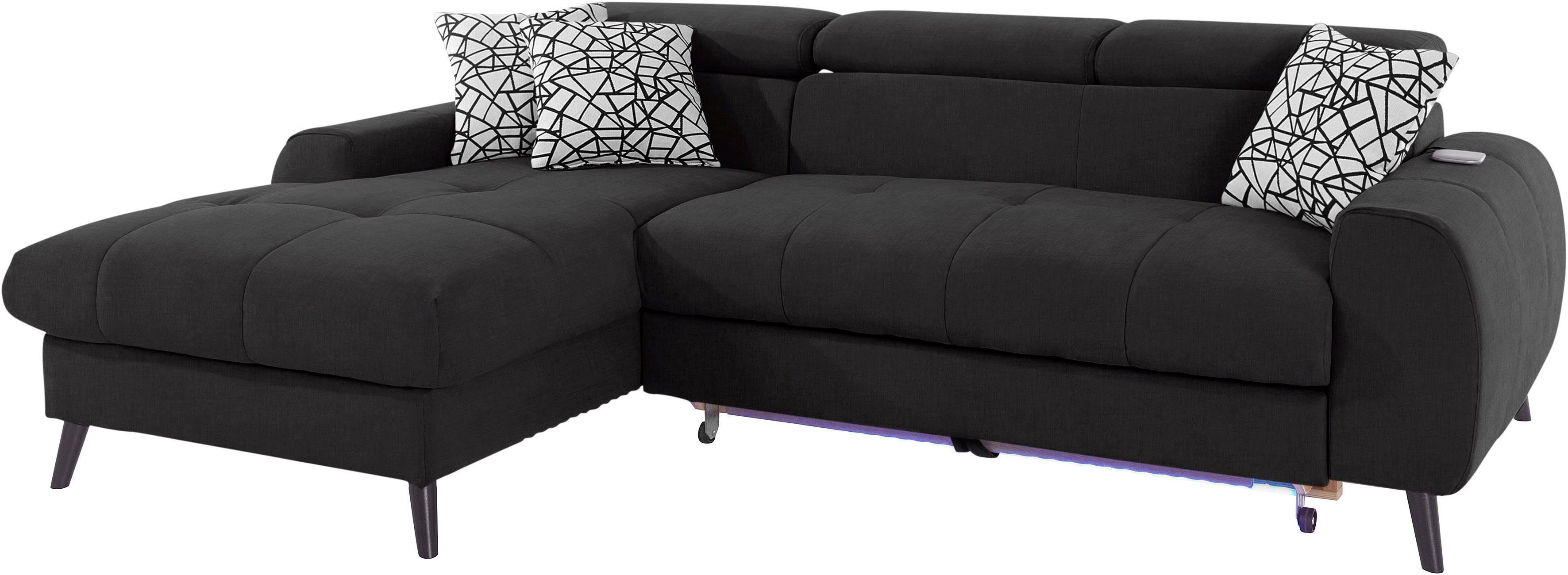 COTTA Hoekbank Mia L-vorm met 3 sierkussens keuze met bedfunctie, bedlade, verlichting & draadloze oplader