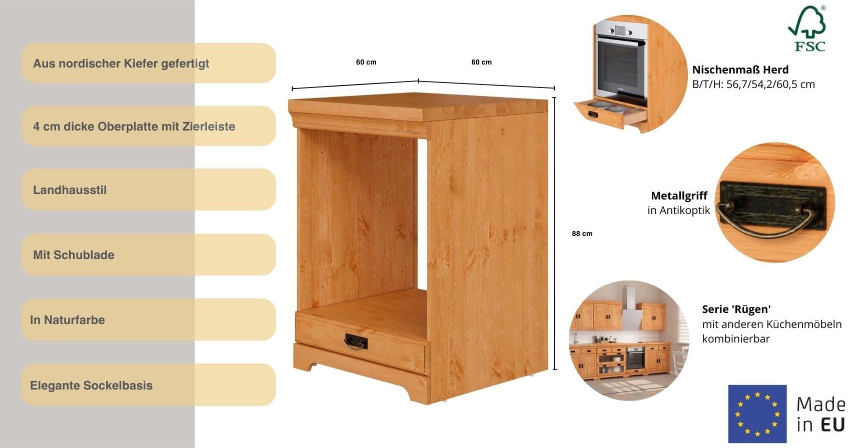 Home affaire Ombouwkast voor oven Rügen Breedte 60 cm, massief grenen, nismaat fornuis B/D/H 56,7/54,2/60,5 cm