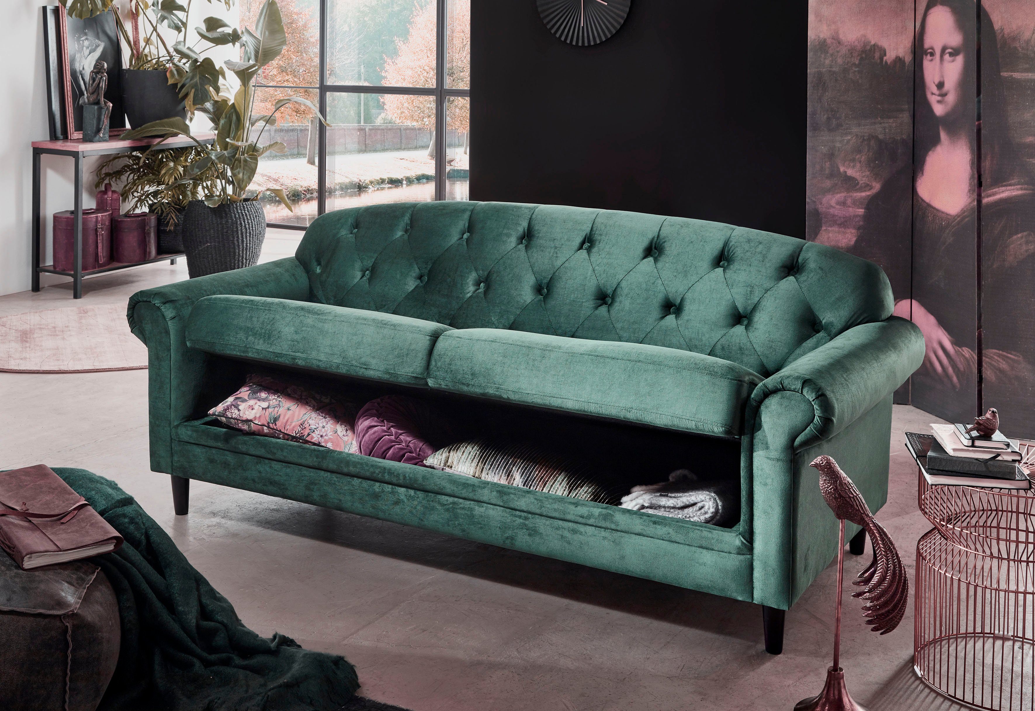 ATLANTIC home collection 2-zitsbank Carla in veloursbekleding, met bergruimte onder de zitting