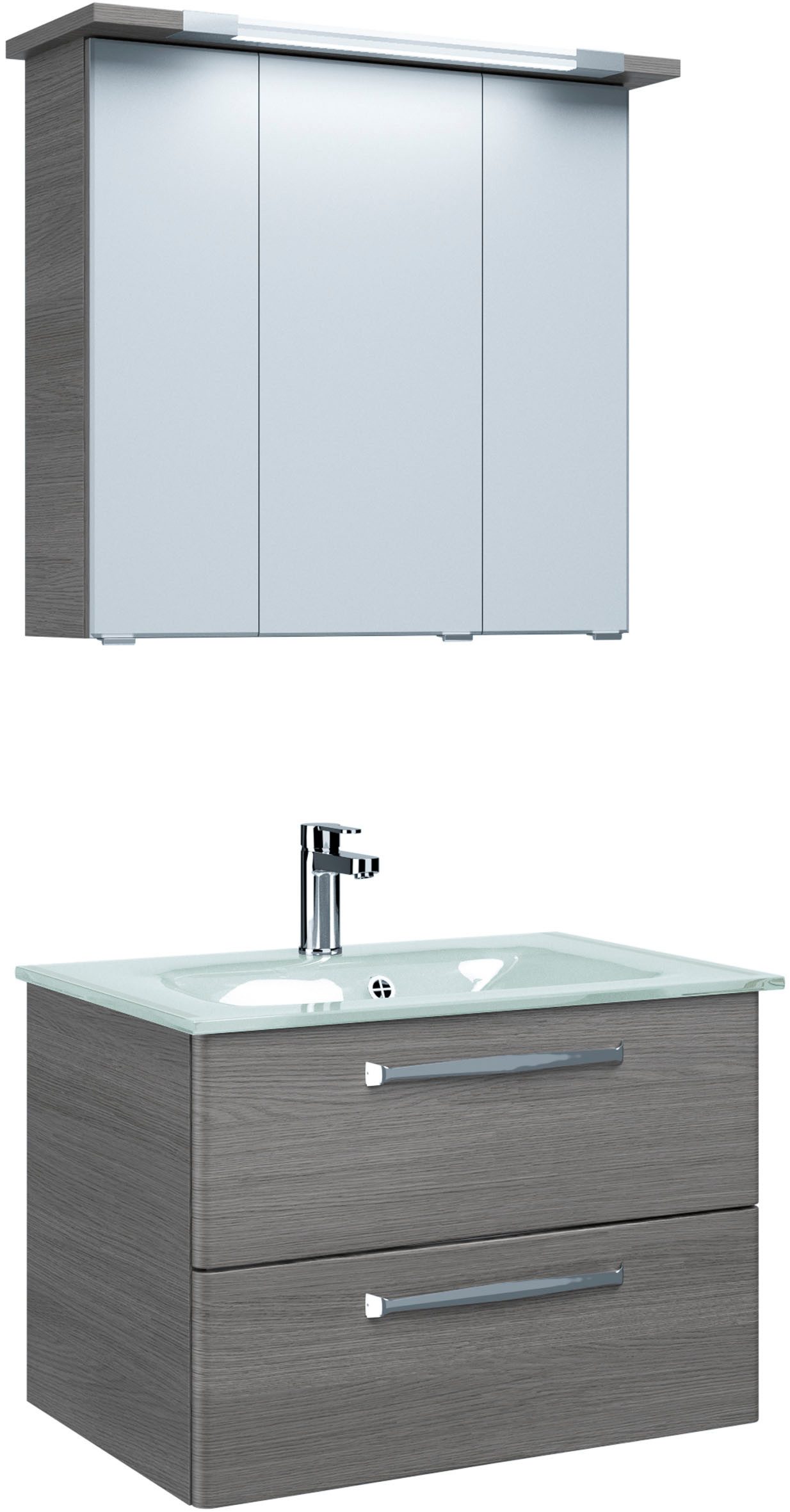 Saphir Badmeubelset Trentino 2-delig glas wasbak, spiegelkast met LED-profiel Badkamermeubel-set 77cm breed, incl. deurdemper, 3 deuren, 2 lades (3