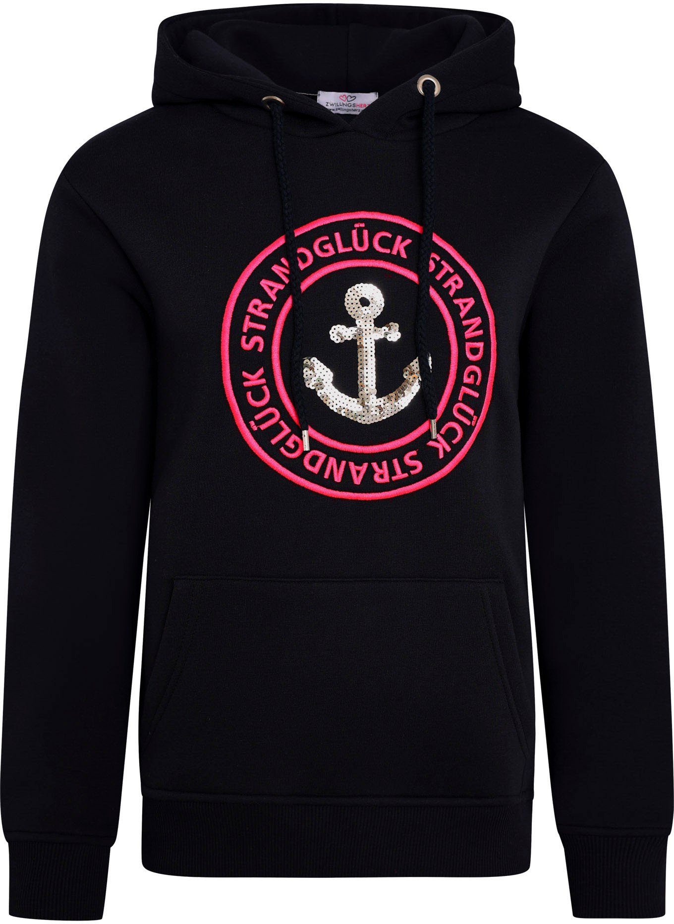 Zwillingsherz Hoodie met neonkleurige borduursels en paillettenanker