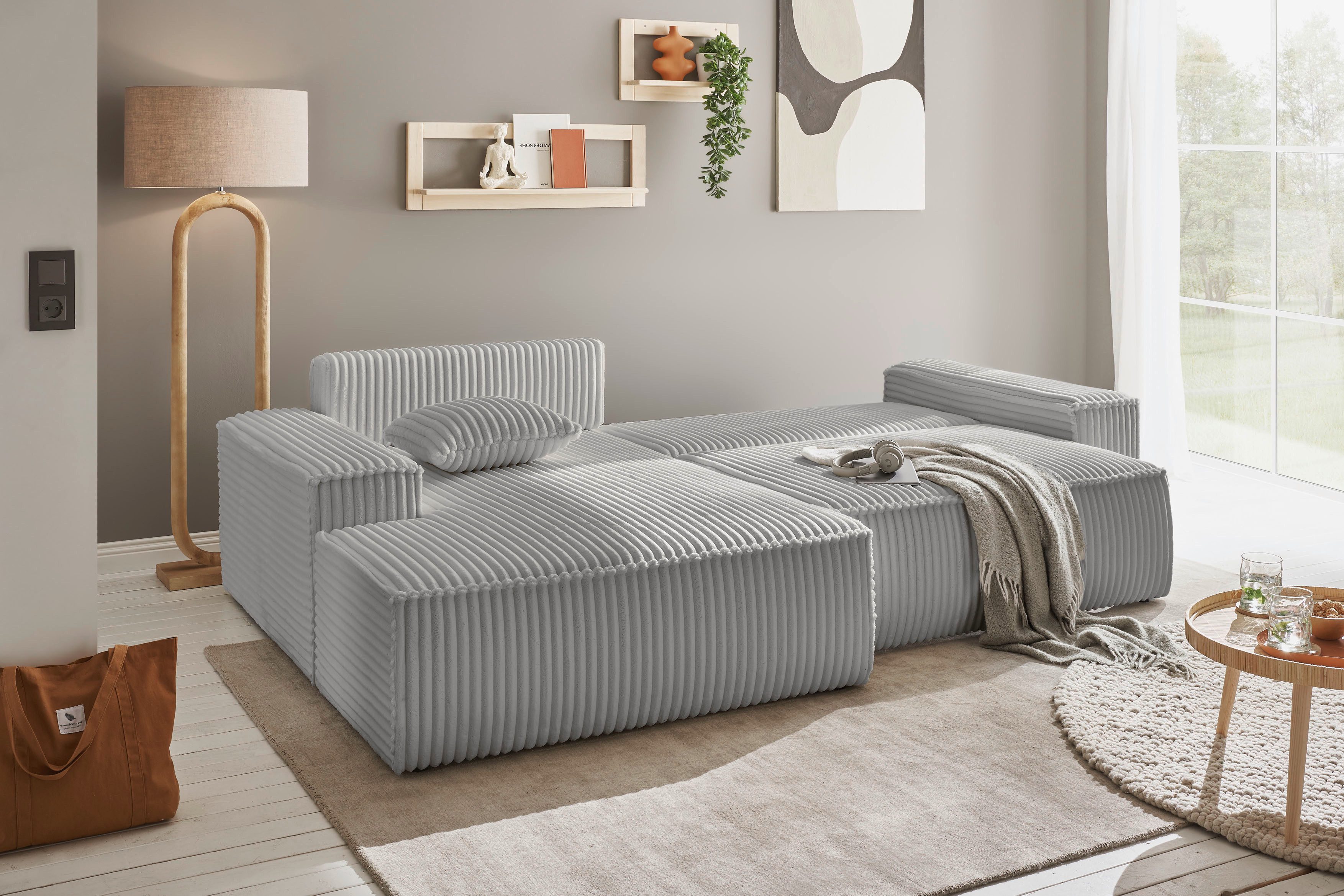 andas Hoekbank Finnley slaapbank 267 cm in Bouclé, fijne structuur en cord, L-vorm