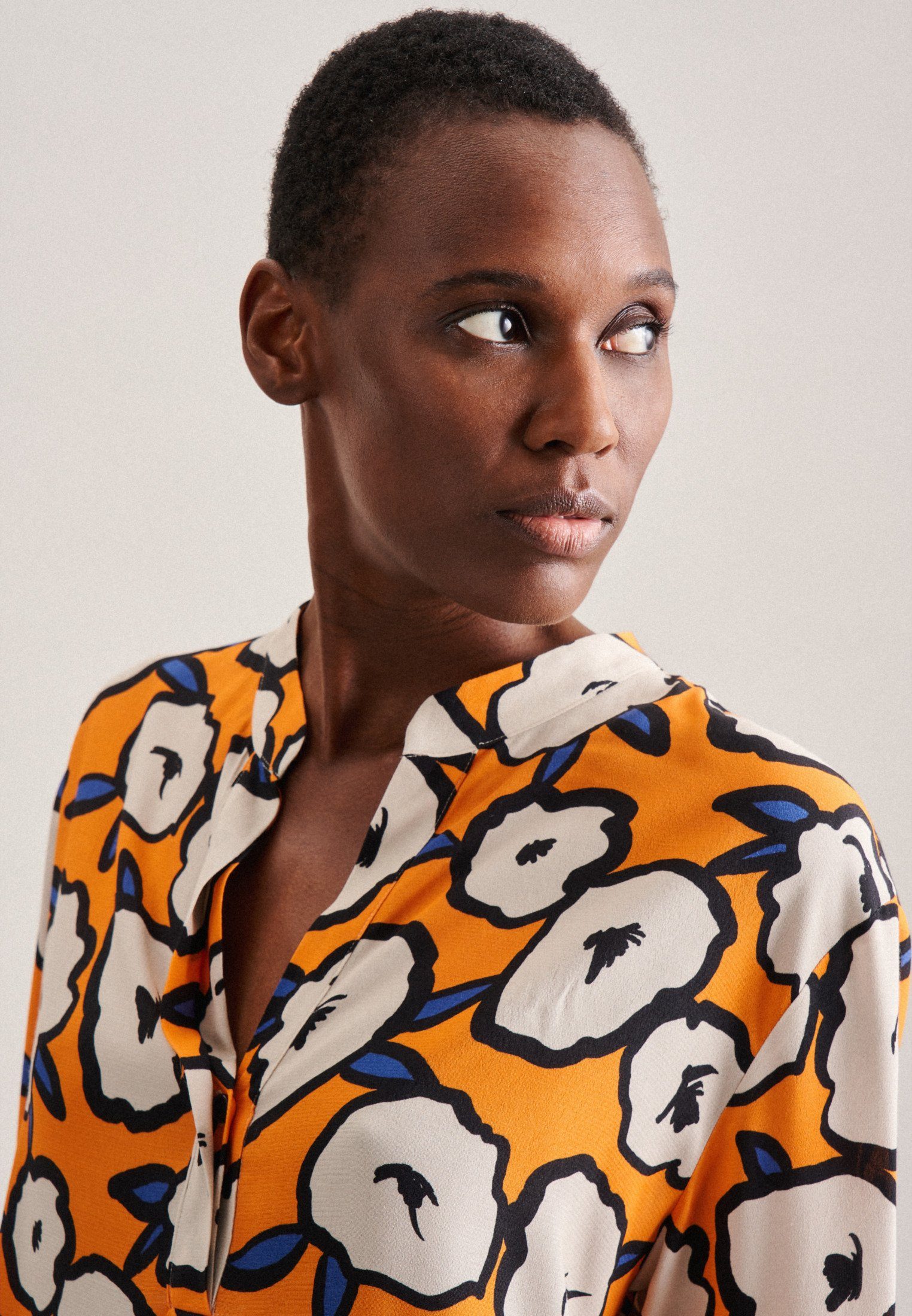 seidensticker Klassieke blouse Zwarte roos Lange mouwen kraag print