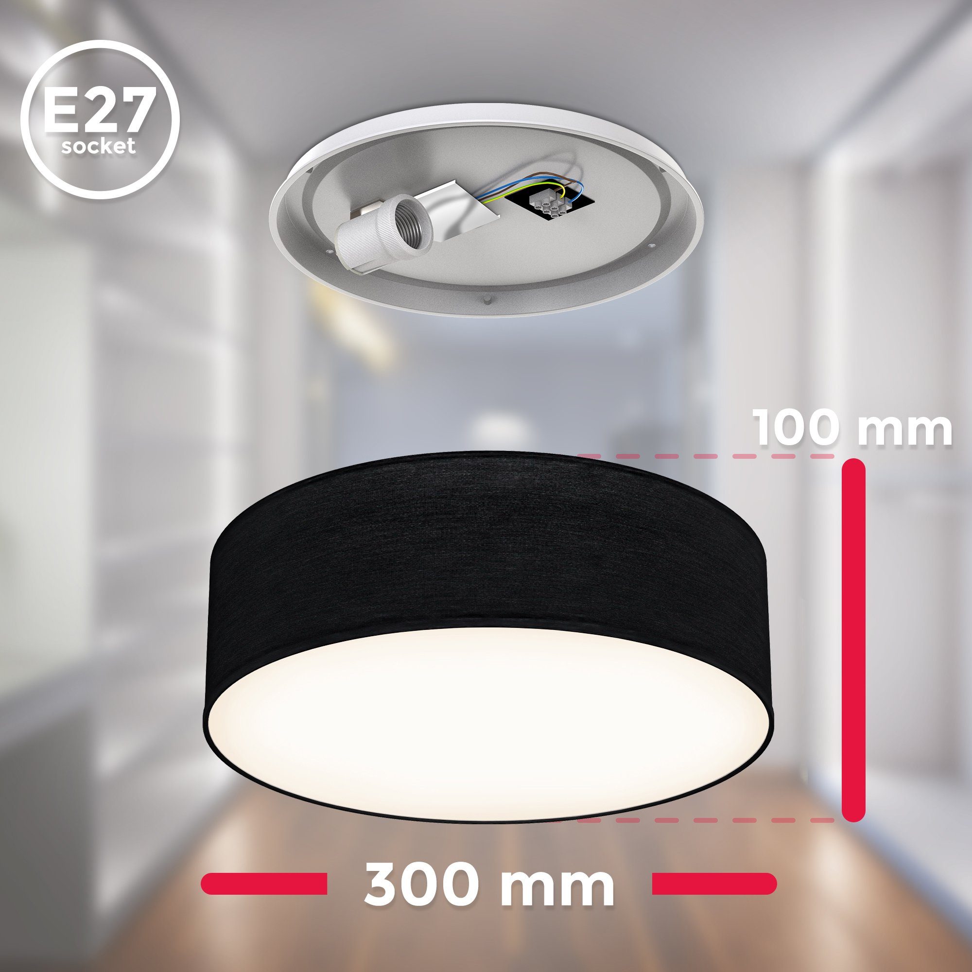 B.K.Licht Plafondlamp BK_SD1216 Plafondlamp, stoffen kap Ø30cm, kantoorlamp, zwart E27-fitting, zonder lichtbron (max. 40W), stoffen plafondlamp (1 stuk)