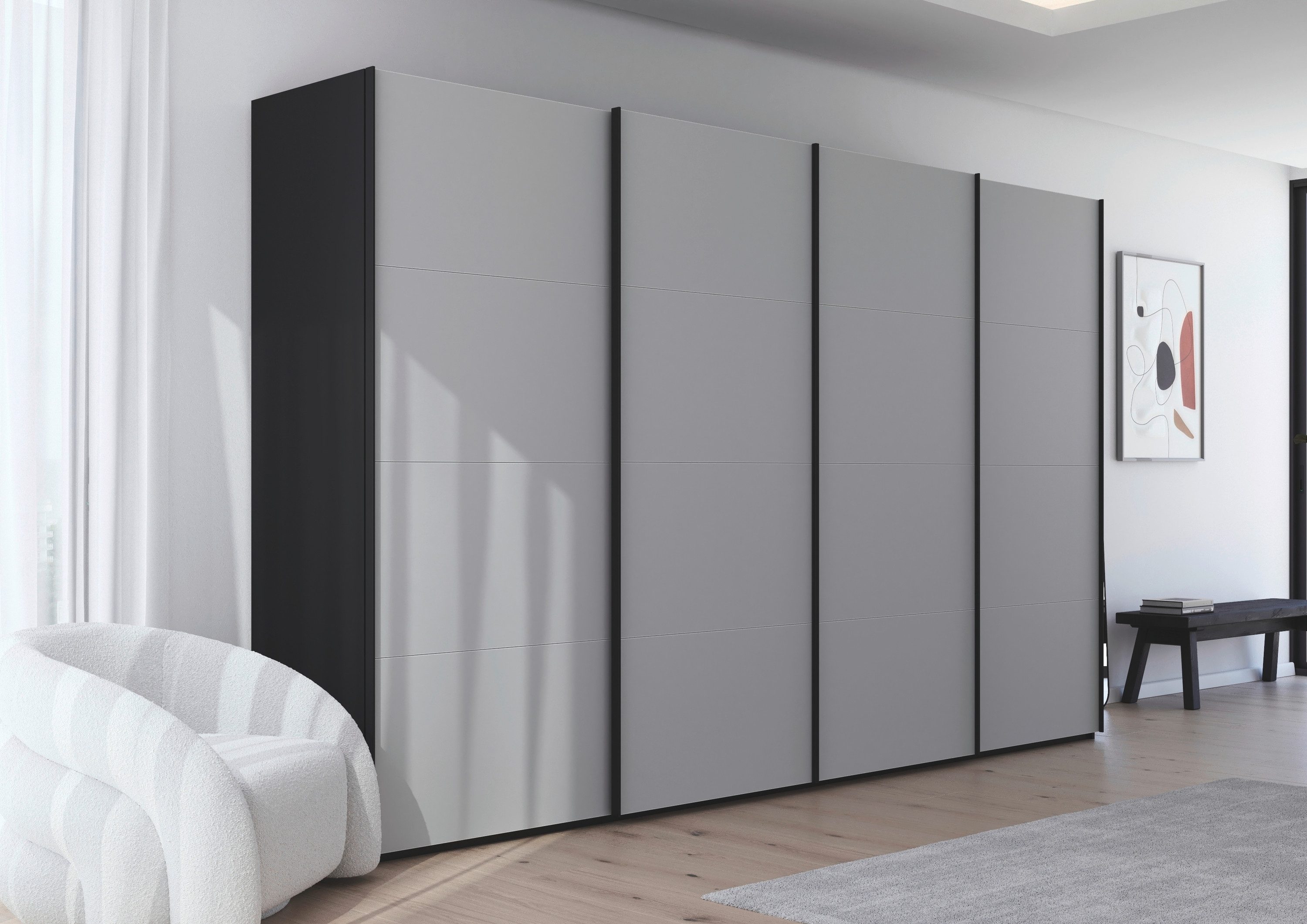 rauch Schuifdeurkast Kledingkast Kast Garderobe Slaapkamerkast SCALE-FYRA edel vierdelige deuren met glas-front veel kleuren made in germany
