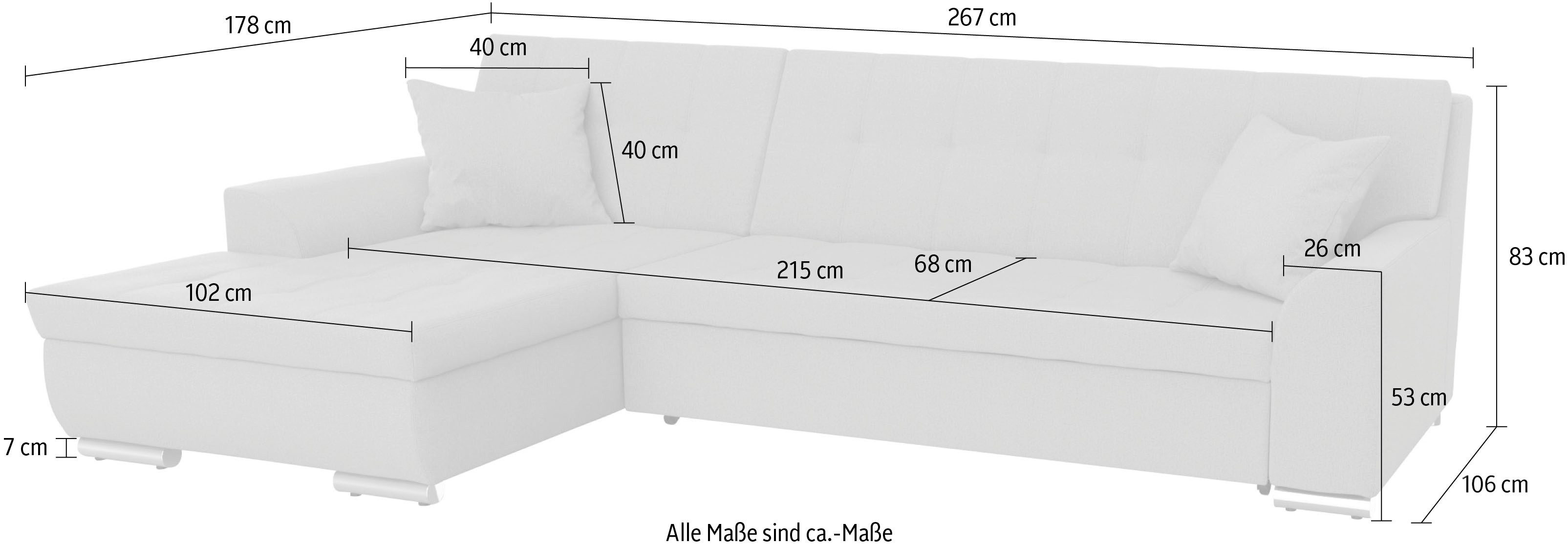 DOMO collection Hoekbank Treviso veel bekledingen, ook in cord, L-vorm, B/D/H: 267/80/83 cm optioneel met slaapbank functie, incl. sierkussens, hoogwaardig doorgestikt patroon